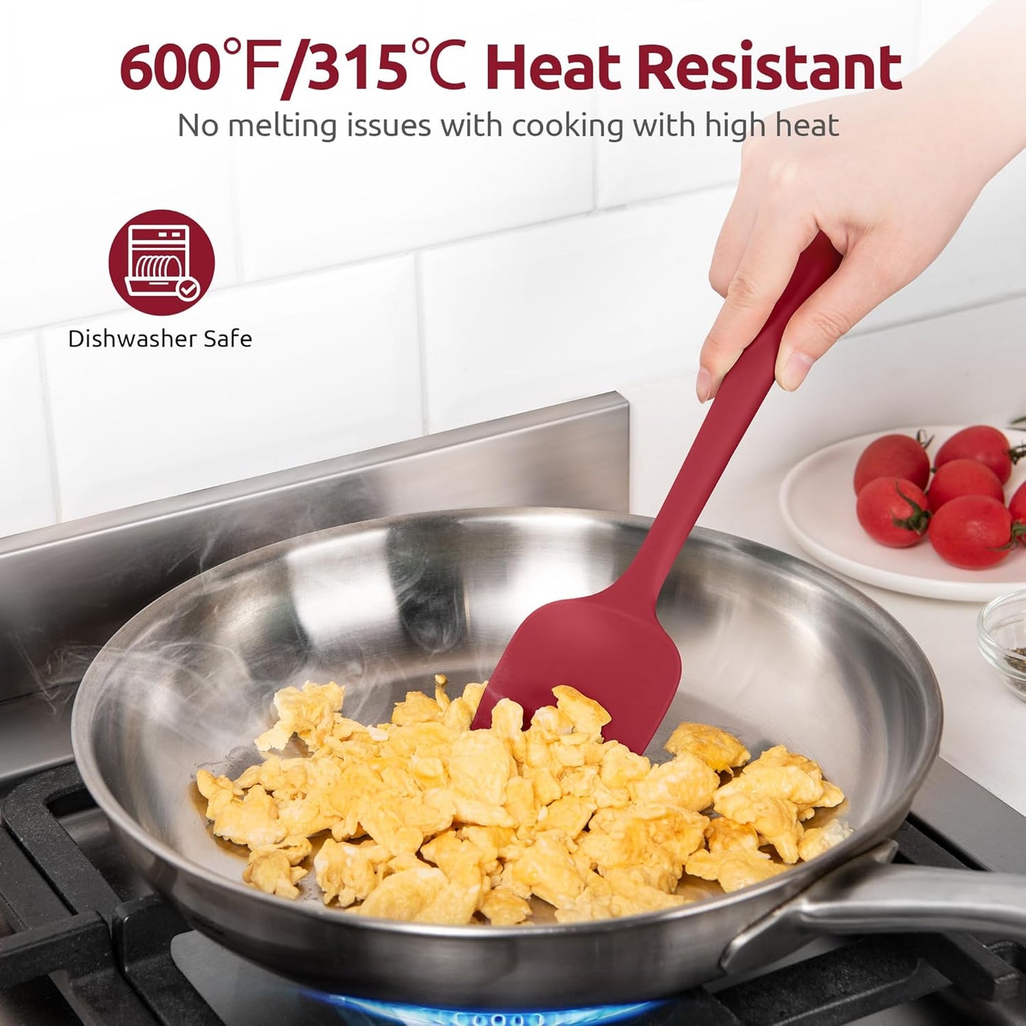 600ºF Heat Resistant Silicone Spoons:  Flexible Baking Spoon Spatula & Cooking Scoop Spoonula, Seamless Soft Kitchen Utensils for Serving, Scraping, Scooping in Non-Stick Cookware (Red)