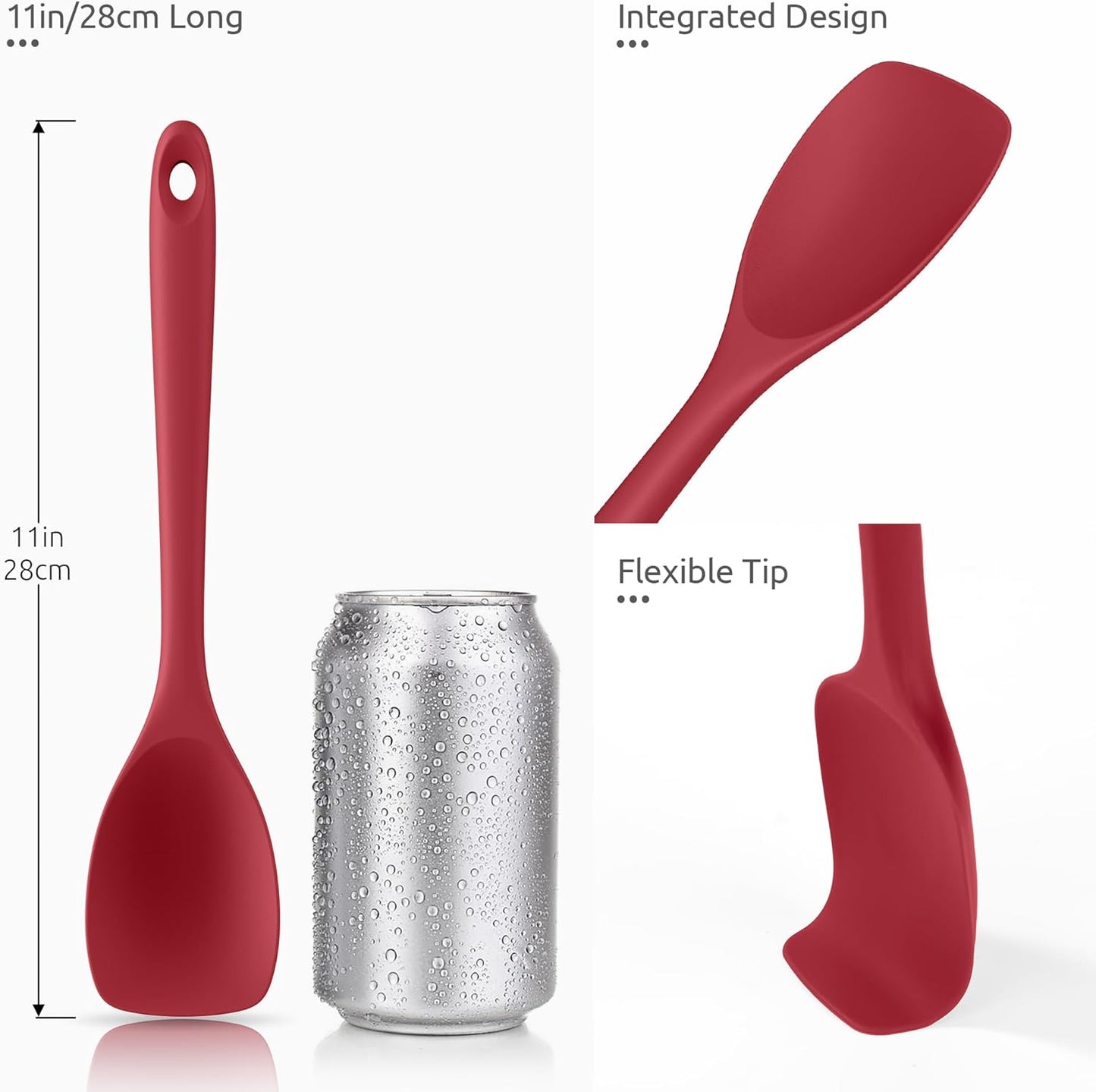 600ºF Heat Resistant Silicone Spoons:  Flexible Baking Spoon Spatula & Cooking Scoop Spoonula, Seamless Soft Kitchen Utensils for Serving, Scraping, Scooping in Non-Stick Cookware (Red)