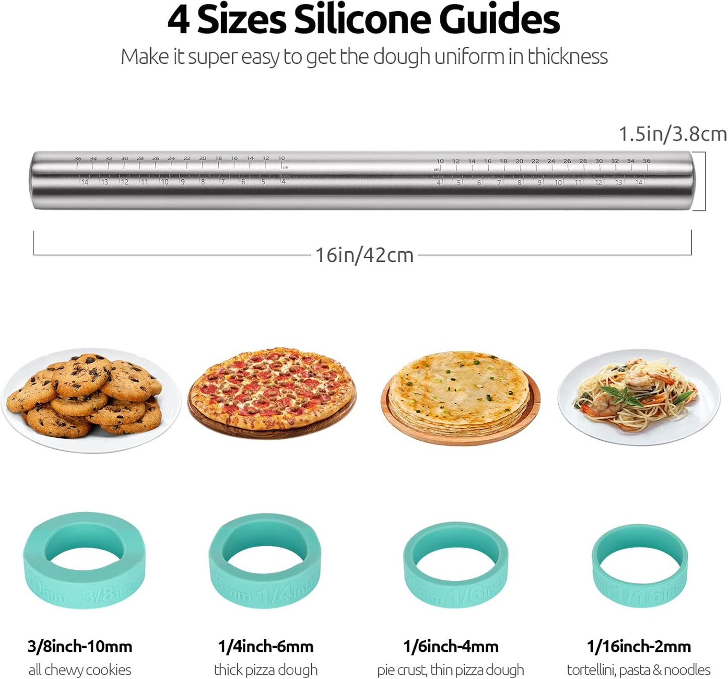 18/8 Stainless Steel 16 inch Adjustable Rolling Pin with Silicone Removable Thickness Rings, Nonstick Kitchen Roller Pin for Baking Cookies Pastry Pizza Pasta Dough Fondant (Teal/Aqua Sky)