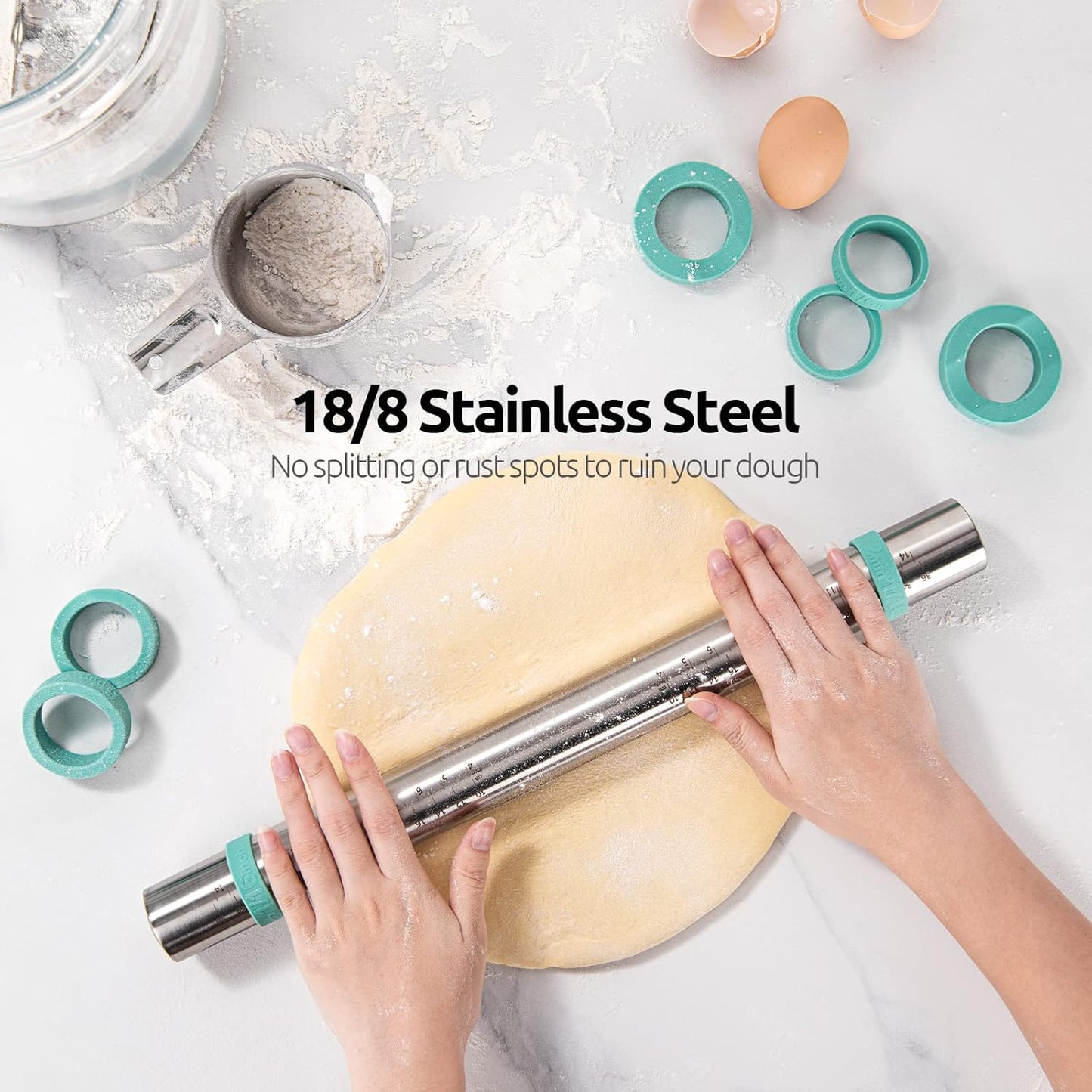 18/8 Stainless Steel 16 inch Adjustable Rolling Pin with Silicone Removable Thickness Rings, Nonstick Kitchen Roller Pin for Baking Cookies Pastry Pizza Pasta Dough Fondant (Teal/Aqua Sky)