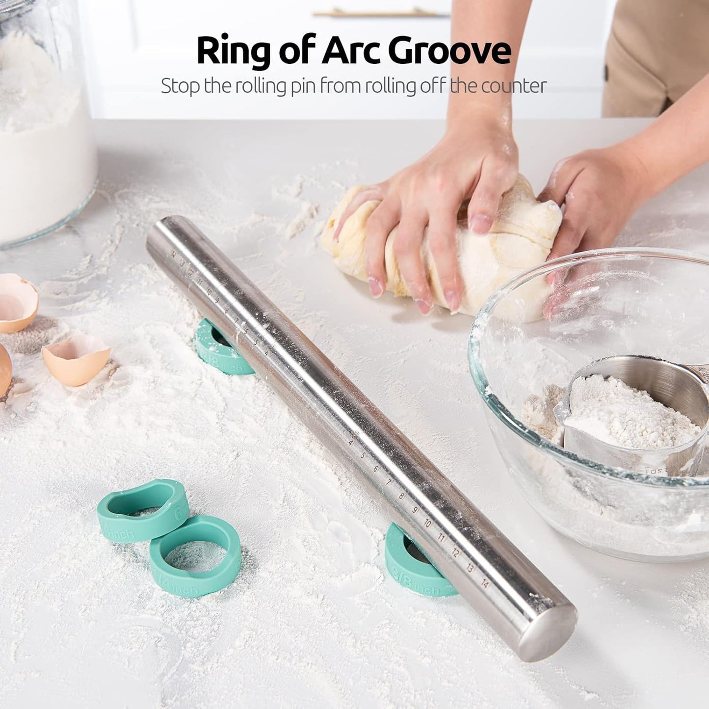 18/8 Stainless Steel 16 inch Adjustable Rolling Pin with Silicone Removable Thickness Rings, Nonstick Kitchen Roller Pin for Baking Cookies Pastry Pizza Pasta Dough Fondant (Teal/Aqua Sky)
