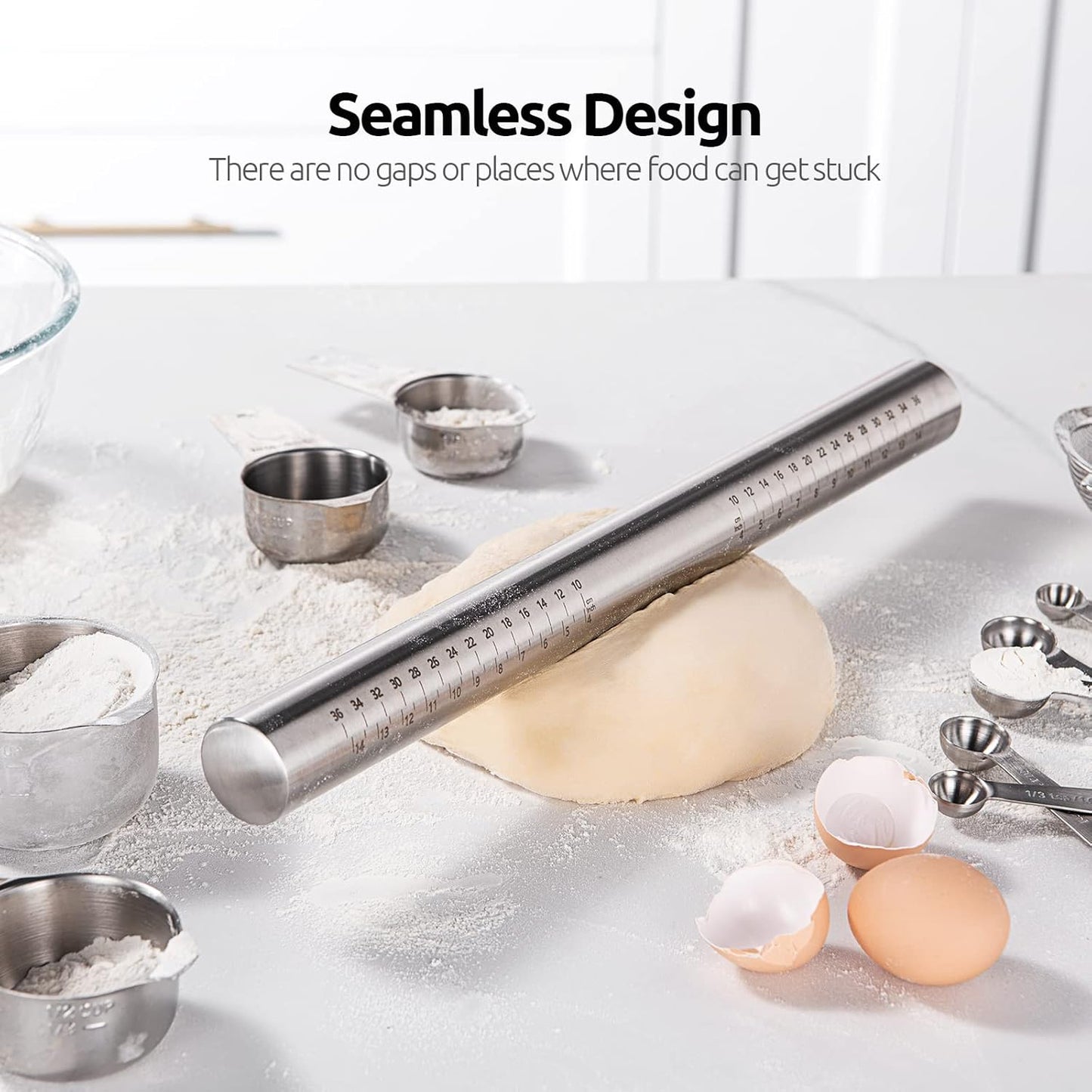 18/8 Stainless Steel 16 inch Adjustable Rolling Pin with Silicone Removable Thickness Rings, Nonstick Kitchen Roller Pin for Baking Cookies Pastry Pizza Pasta Dough Fondant (Teal/Aqua Sky)