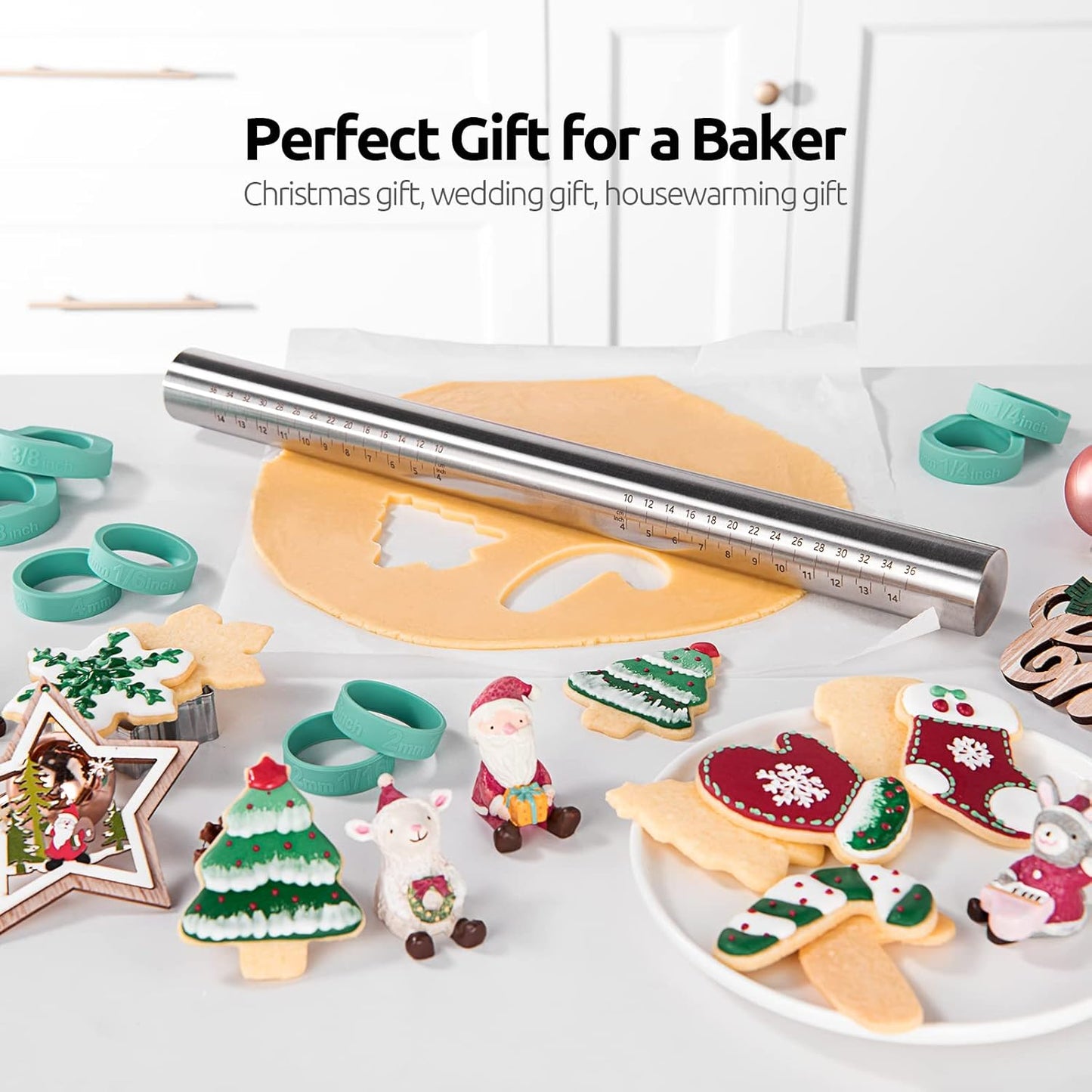 18/8 Stainless Steel 16 inch Adjustable Rolling Pin with Silicone Removable Thickness Rings, Nonstick Kitchen Roller Pin for Baking Cookies Pastry Pizza Pasta Dough Fondant (Teal/Aqua Sky)