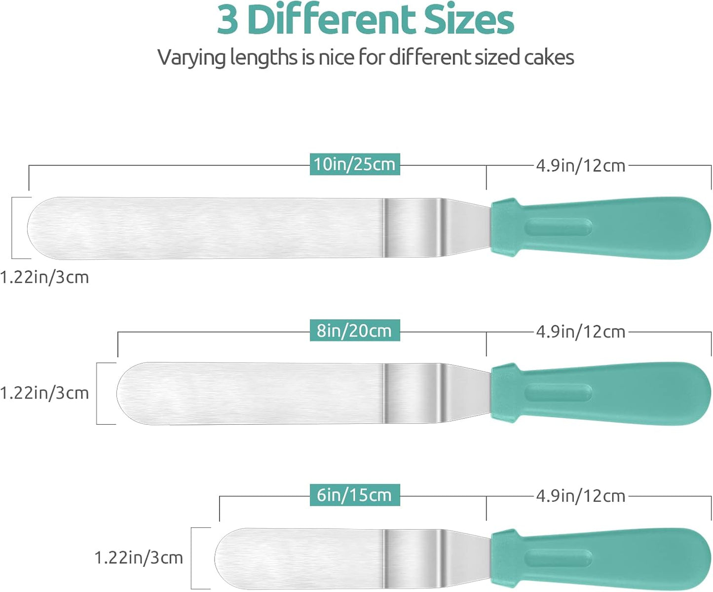 Icing Spatula,  Stainless Steel Angled Cake Decorating Frosting Spatula Set of 3 (Aqua Sky), and 8"+10"+12" Kitchen Cooking Tweezer: 18/8 Stainless Steel Metal Food Tong (Pointed Tip)