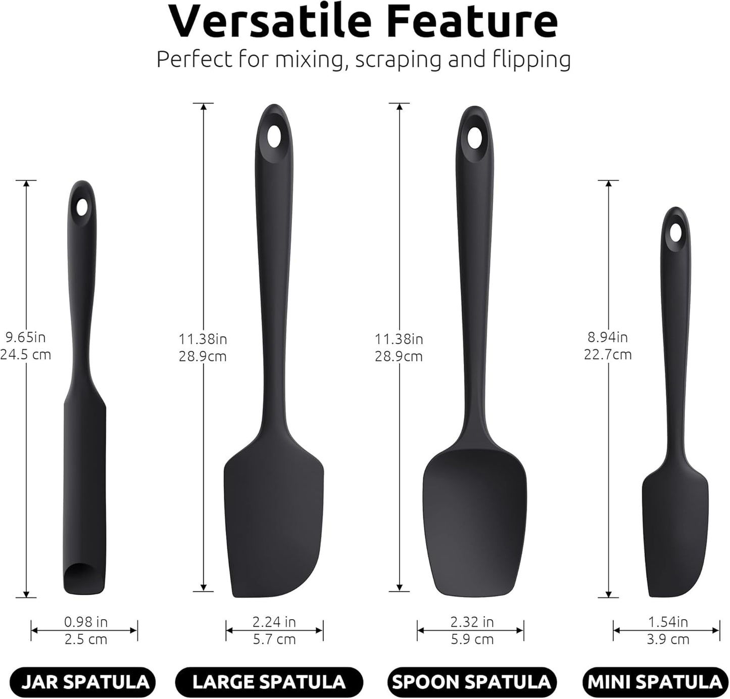600ºF Heat Resistant Silicone Spatulas: Kitchen Cooking Mixing Utensils (4PCS, Black) and 8"+10"+12" Kitchen Cooking Tweezer: 18/8 Stainless Steel Food-Grade Metal Food Tong (Pointed Tip)