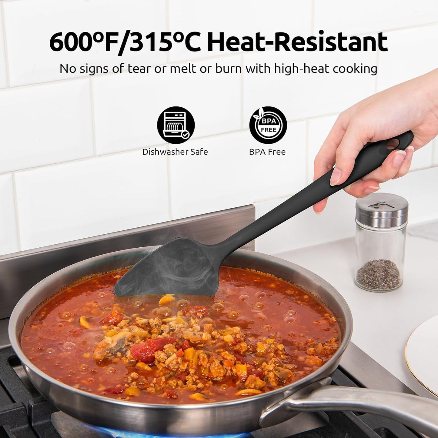 600ºF Heat Resistant Silicone Spatulas: Kitchen Cooking Mixing Utensils (4PCS, Black) and 8"+10"+12" Kitchen Cooking Tweezer: 18/8 Stainless Steel Food-Grade Metal Food Tong (Pointed Tip)