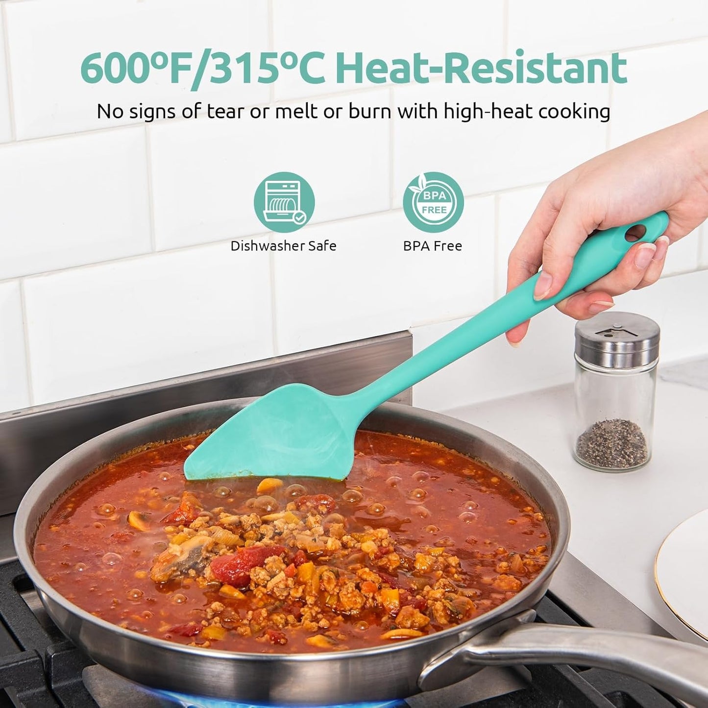 600ºF Heat Resistant Silicone Spatulas: Kitchen Cooking Mixing Utensils (4PCS, Aqua Sky) and 8"+10"+12" Kitchen Cooking Tweezer: 18/8 Stainless Steel Food-Grade Metal Food Tong (Pointed Tip)