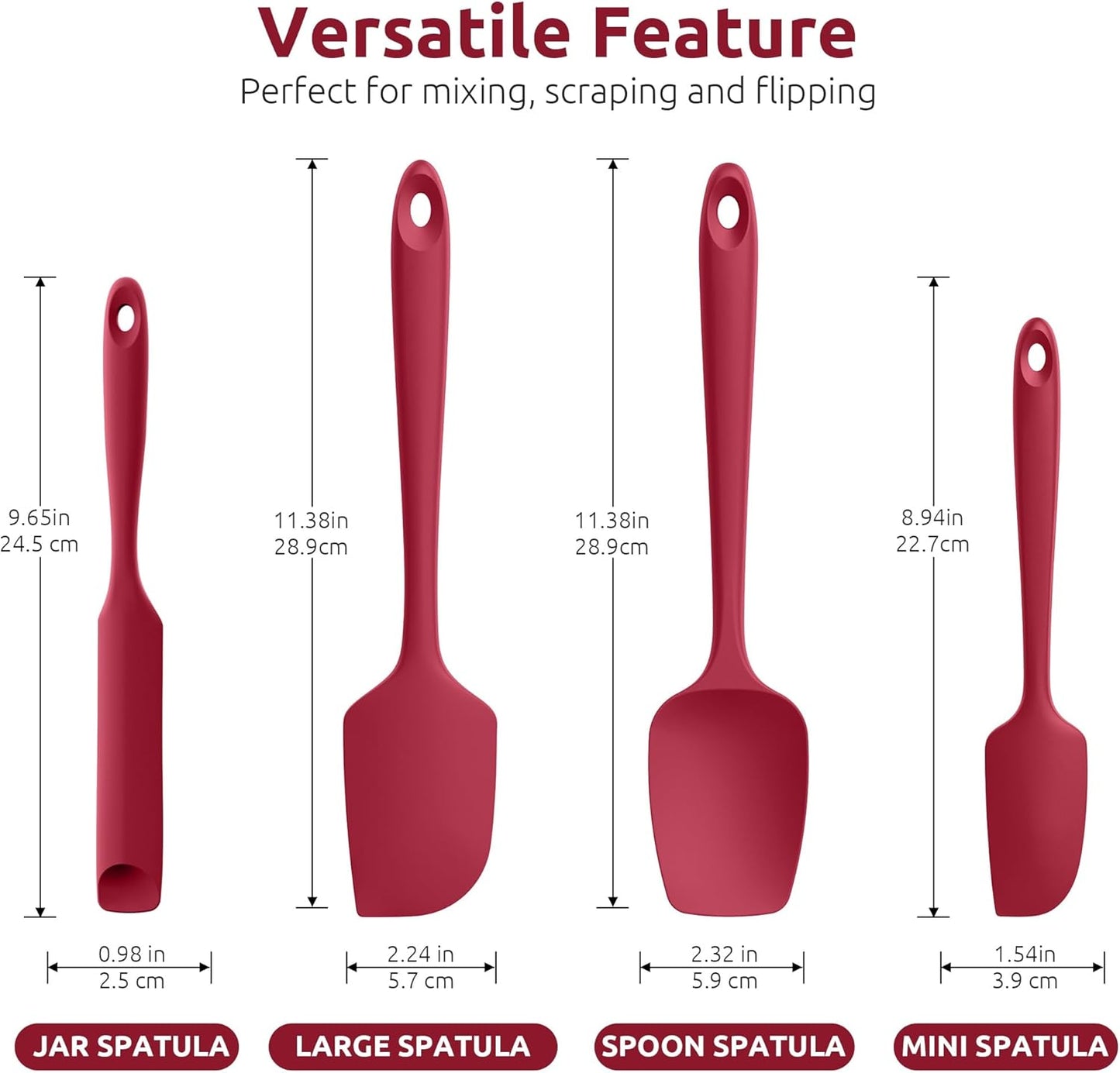600ºF Heat Resistant Silicone Spatulas: Kitchen Cooking Mixing Utensils (4PCS, Red) and 8"+10"+12" Kitchen Cooking Tweezer: 18/8 Stainless Steel Food-Grade Metal Food Tong (Pointed Tip)