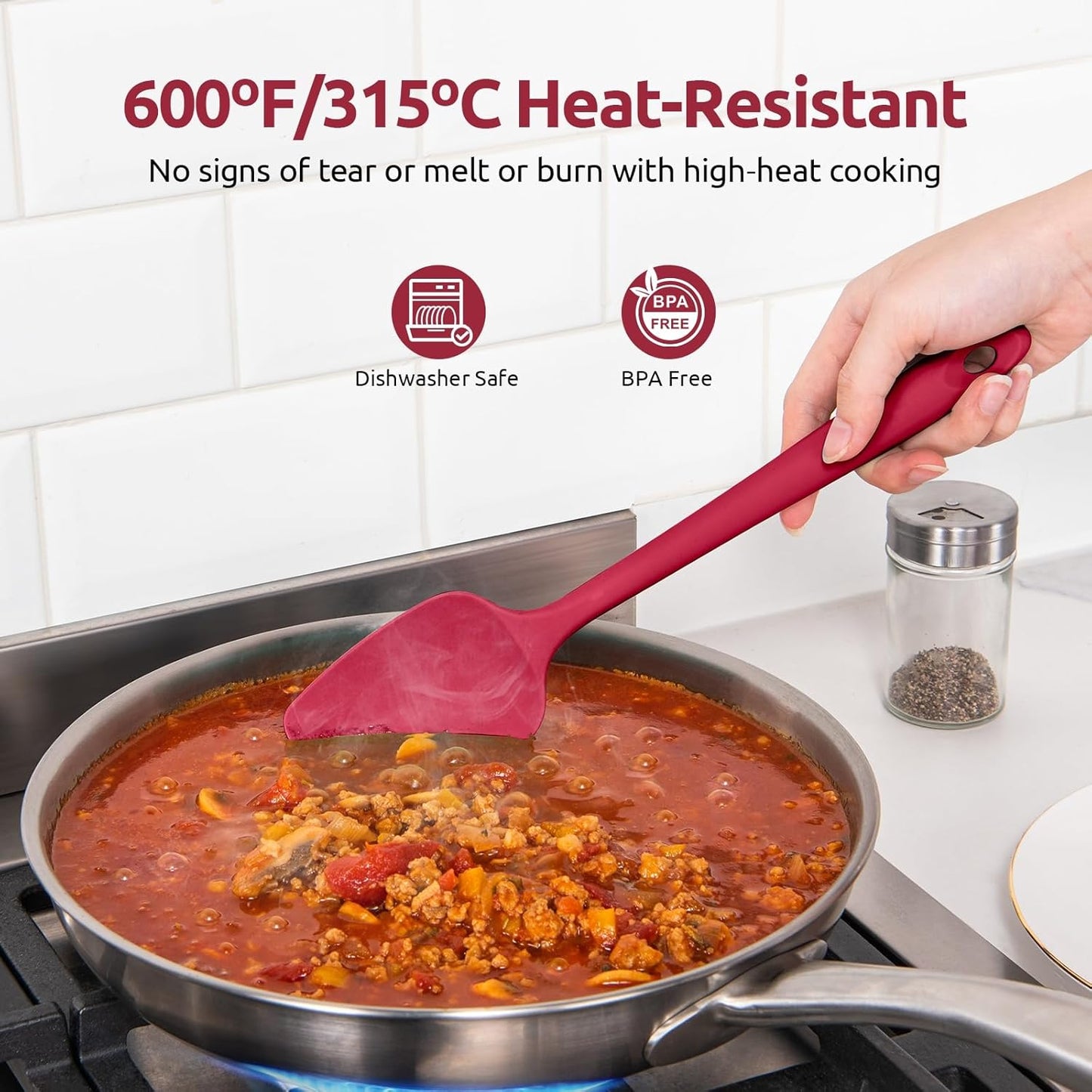 600ºF Heat Resistant Silicone Spatulas: Kitchen Cooking Mixing Utensils (4PCS, Red) and 8"+10"+12" Kitchen Cooking Tweezer: 18/8 Stainless Steel Food-Grade Metal Food Tong (Pointed Tip)