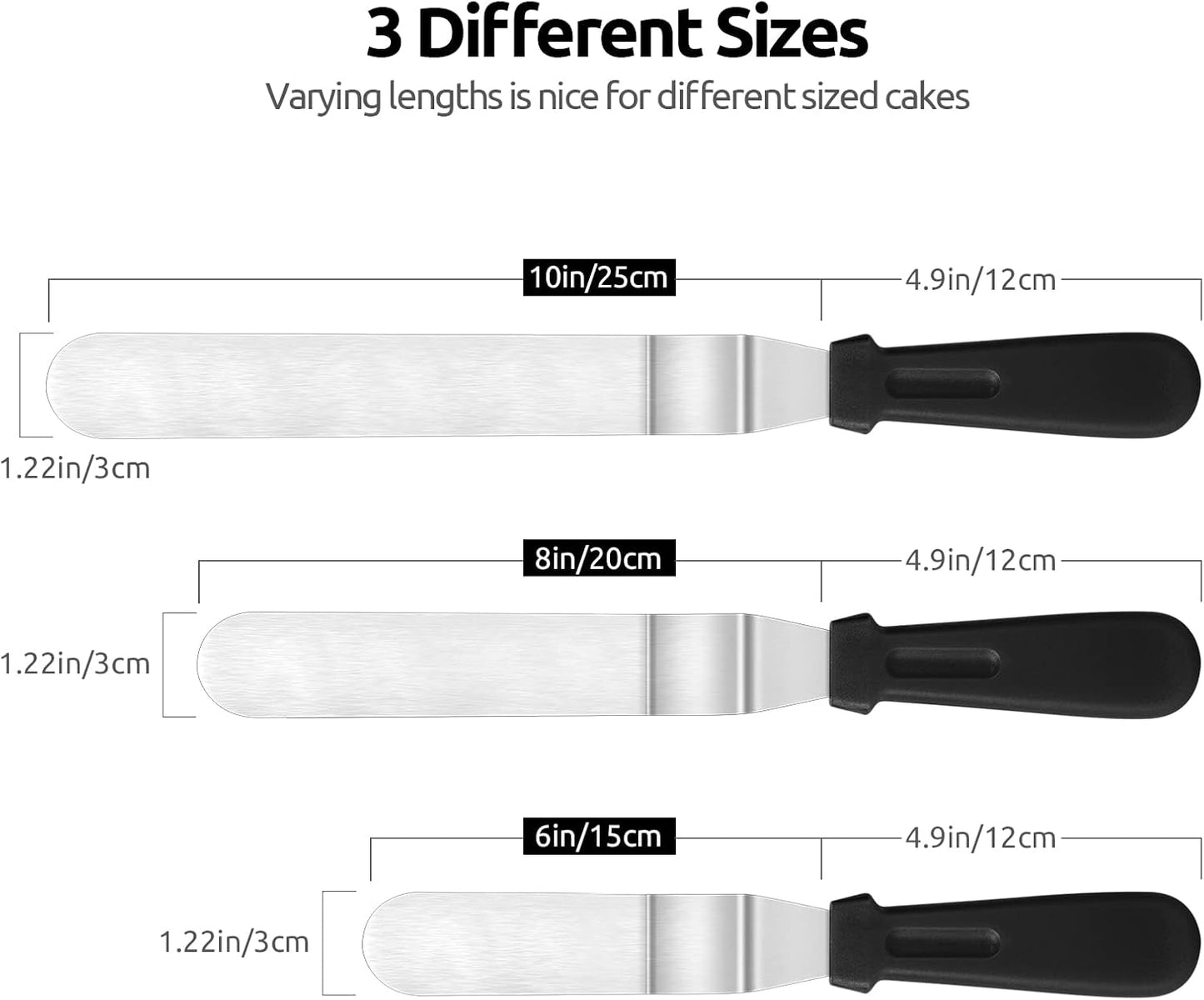 Icing Spatula,  Stainless Steel Angled Cake Decorating Frosting Spatula Set of 3 (Black), and 8"+10"+12" Kitchen Cooking Tweezer: 18/8 Stainless Steel Metal Food Tong (Pointed Tip)