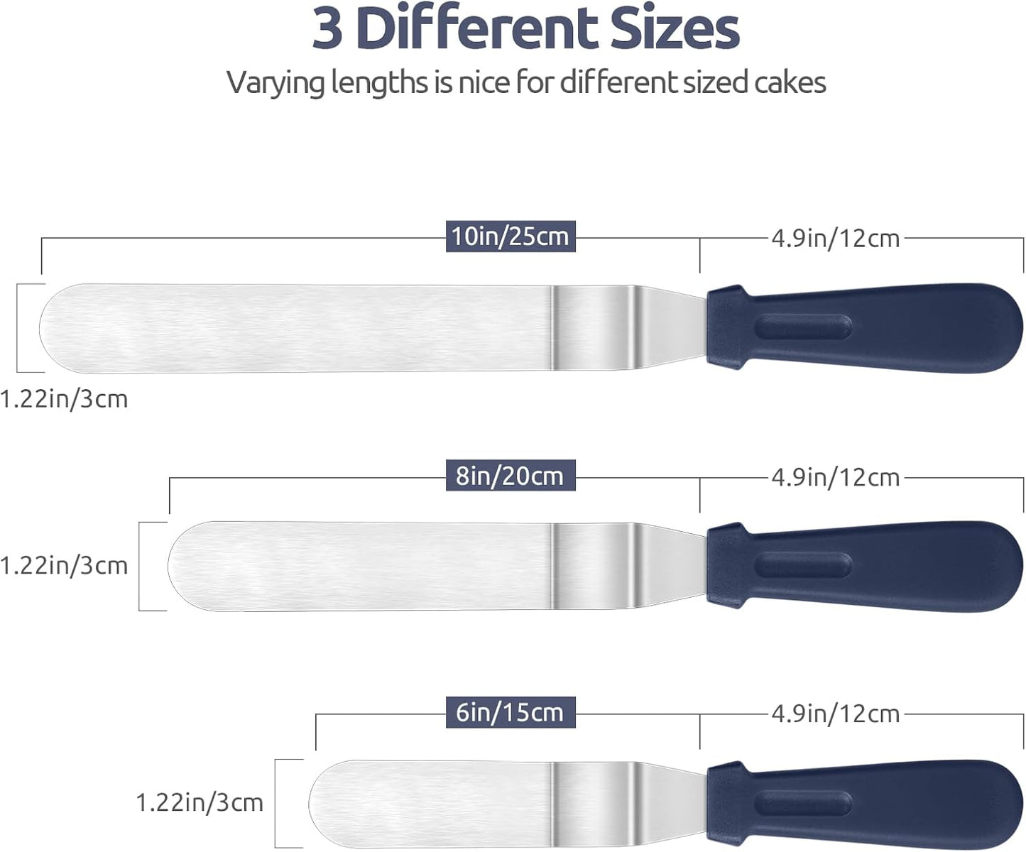 Icing Spatula,  Stainless Steel Angled Cake Decorating Frosting Spatula Set of 3 (Midnight Blue), and 8"+10"+12" Kitchen Cooking Tweezer: 18/8 Stainless Steel Metal Food Tong (Pointed Tip)