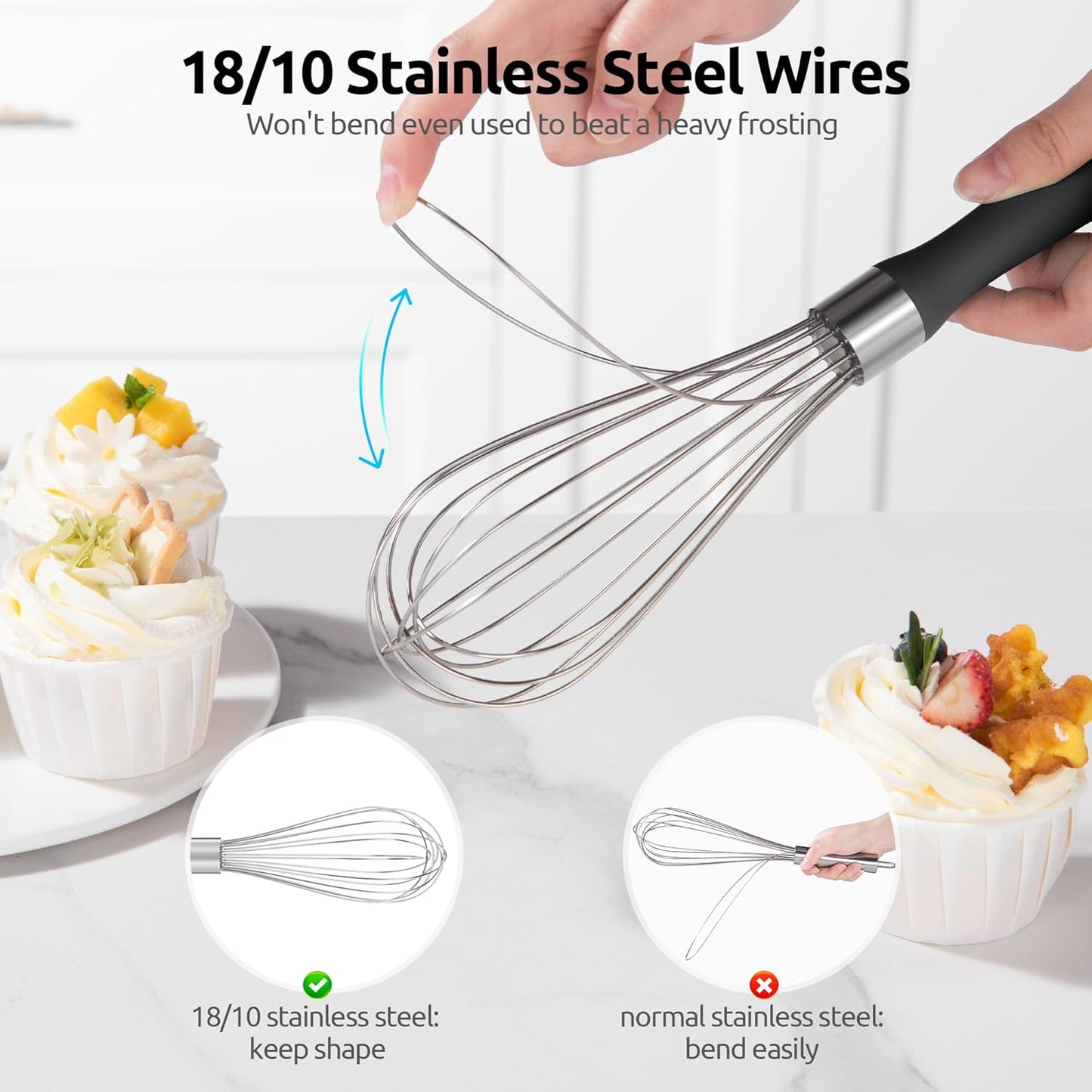 Balloon Whisk for Cooking: 18/10 Stainless Steel Medium Kitchen Wire Whisk (Black) and 8"+10"+12" Kitchen Tweezer: 18/8 Stainless Steel Food-Grade Metal Food Tong (Pointed Tip)