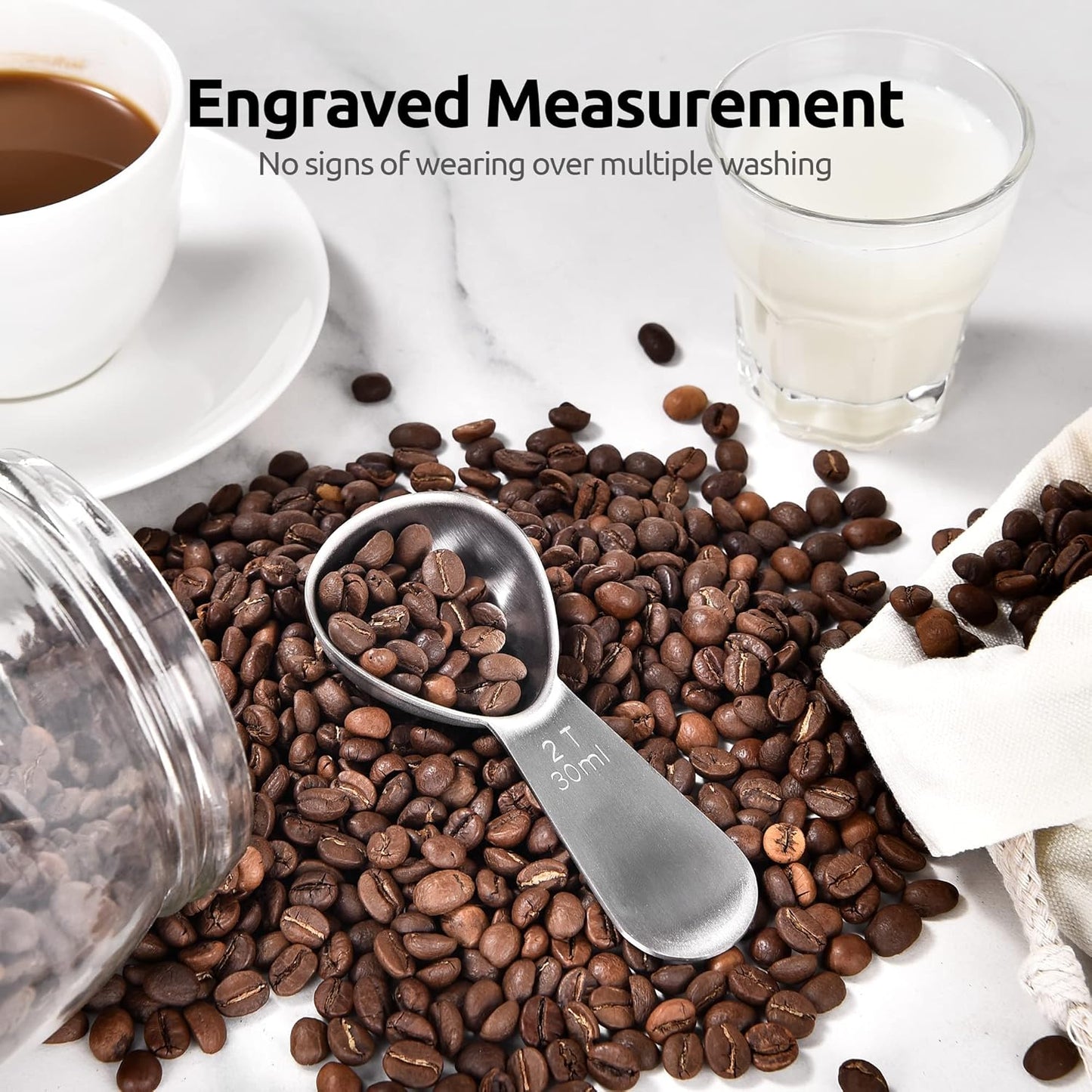 2 Tablespoon Metal Measuring Spoon Set of 2 with Short Handled Measure Scooper (Silver, 2Tbsp/30ml) and 8in Kitchen Plating Tweezer:18/8 Stainless Steel Food-Grade Metal Food Tong (Round Tip)