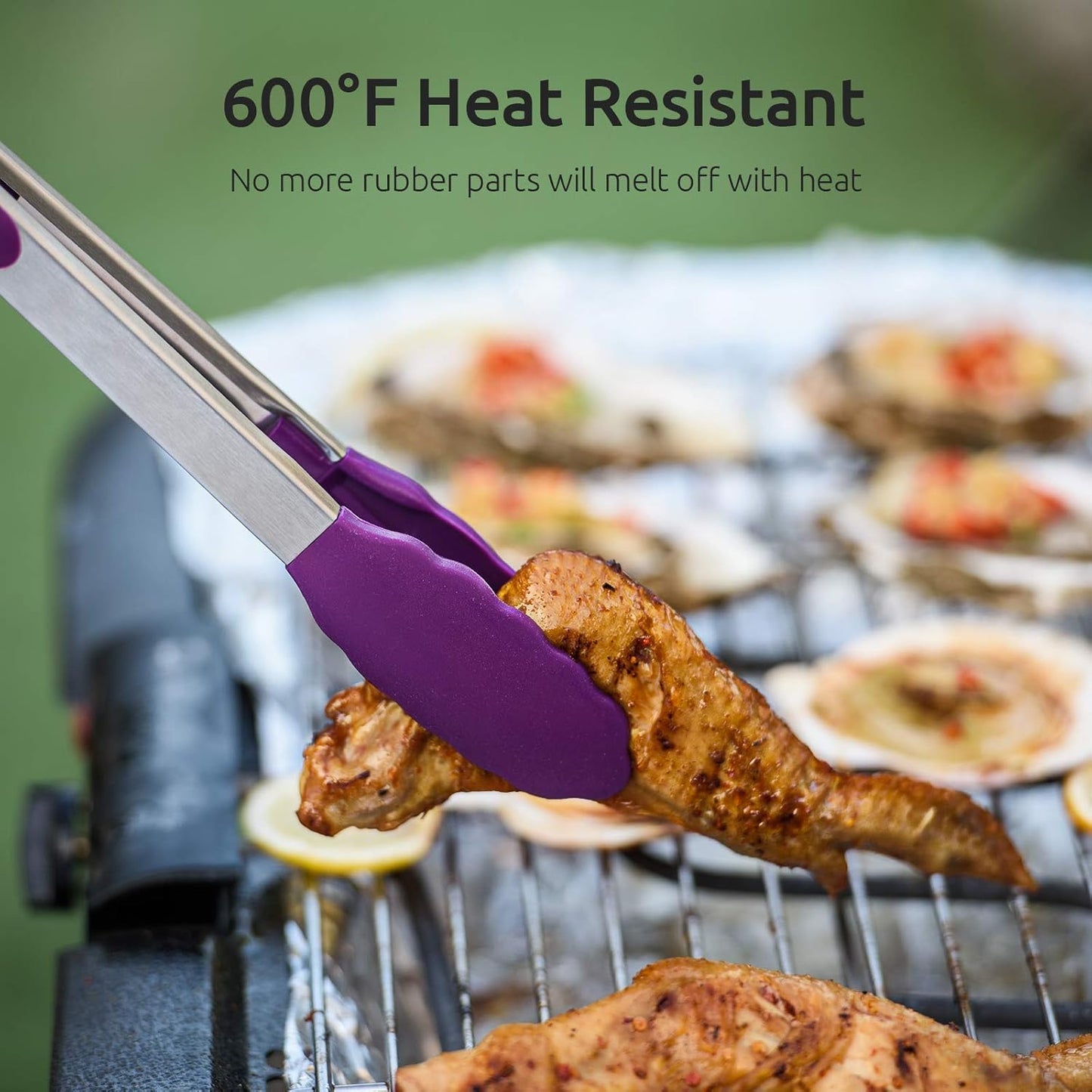 600ºF Heat Resistant 7/9/12 inches Silicone Cooking Tongs with Non Stick Rubber Tips (Purple) and 8"+10"+12" Kitchen Tweezer Set: 18/8 Stainless Steel Food-Grade Metal Food Tong (Pointed Tip)