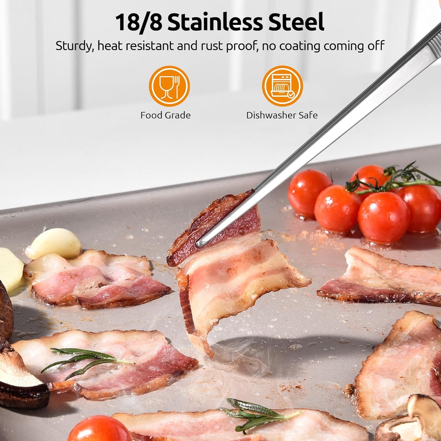 600ºF Heat Resistant 9+12 in Silicone Cooking Tongs with Non Stick Rubber Tips (Aqua Sky) and 12" Kitchen Tweezer Set: 18/8 Stainless Steel Food-Grade Metal Food Tong (Round & Pointed Tip)