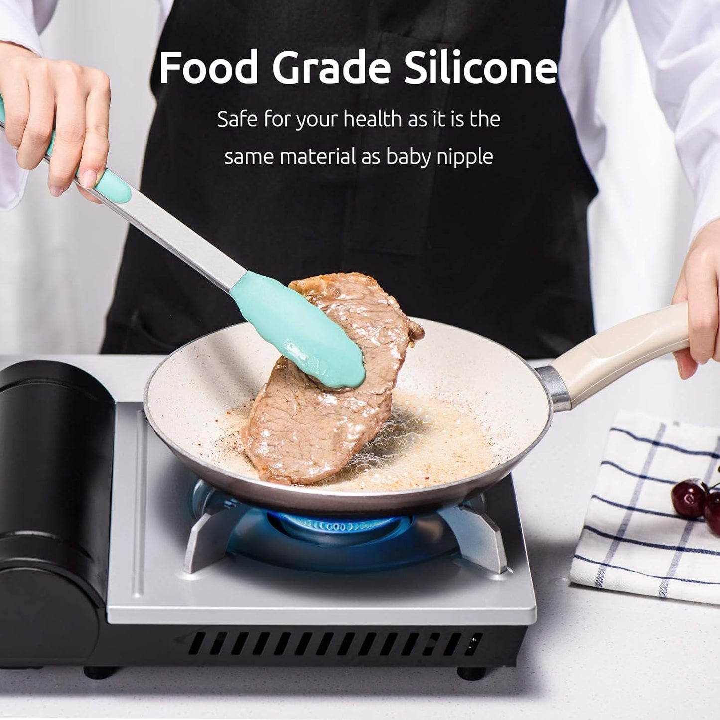 600ºF Heat Resistant 7/9/12 inches Silicone Cooking Tongs with Non Stick Rubber Tips (Aqua Sky) and 8"+10"+12" Kitchen Tweezer Set:18/8 Stainless Steel Food-Grade Metal Food Tong (Pointed Tip)