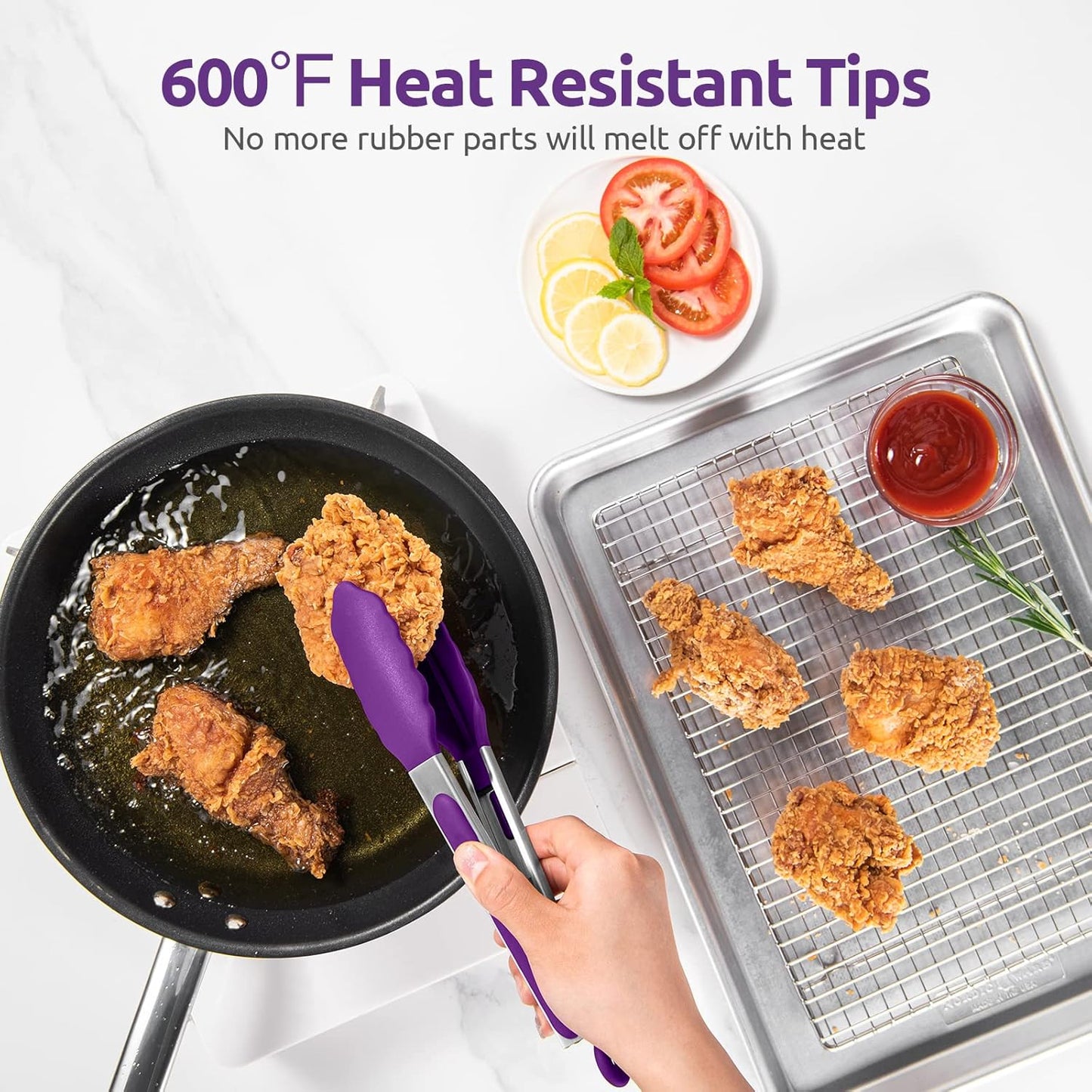 600ºF Heat Resistant 9in Silicone Cooking Tongs with Non Stick Rubber Tips (Purple) and 10" Kitchen Cooking Tweezer Set: 18/8 Stainless Steel Food-Grade Metal Food Tong (Round & Pointed Tip)