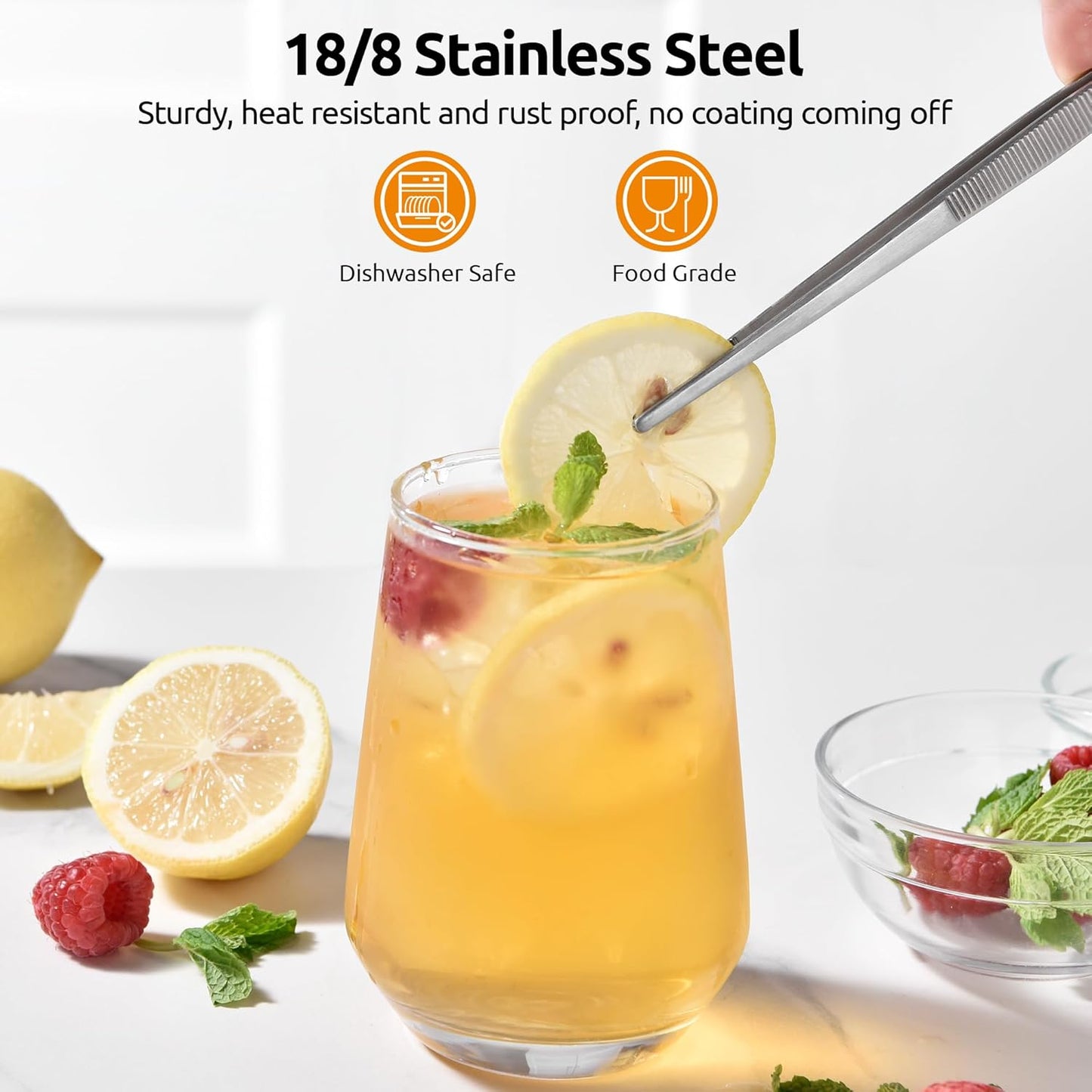Small Mini Silicone Spatula: 9×2inch 600ºF Heat-Resistant Food-Grade Jar Scraper (Orange) and 8in Kitchen Plating Tweezer: 18/8 Stainless Steel Food-Grade Metal Food Tong (Pointed Tip)
