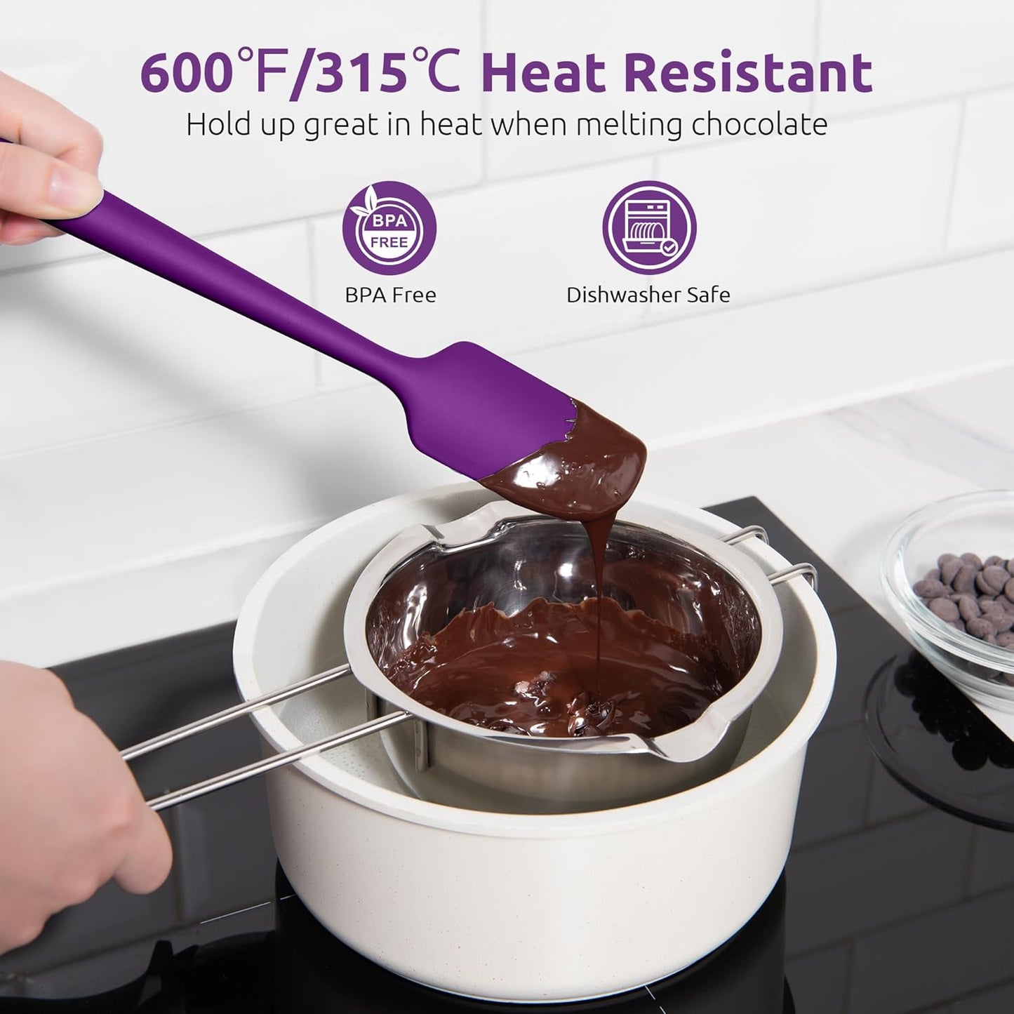 Small Mini Silicone Spatula: 9×2inch 600ºF Heat-Resistant Food-Grade Jar Scraper (Purple) and 8in Kitchen Plating Tweezer: 18/8 Stainless Steel Food-Grade Metal Food Tong (Pointed Tip)