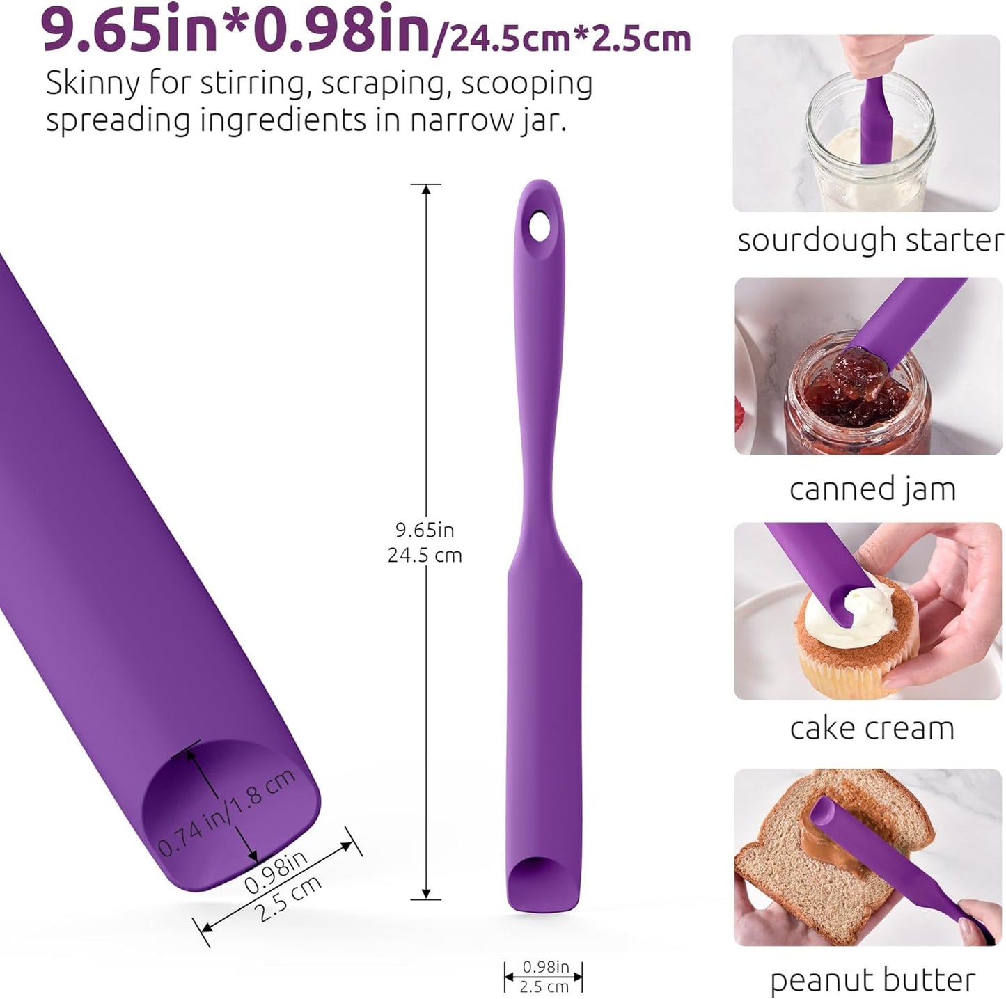 600ºF Heat-Resistant Food-Grade 10in Skinny Silicone Jar Spatula with Spoon Tip (Purple) and 10in Kitchen Cooking Tweezer: 18/8 Stainless Steel Food-Grade Metal Food Tong (Round Tip)