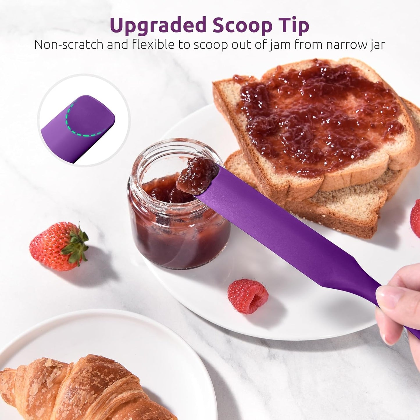 600ºF Heat-Resistant Food-Grade 10in Skinny Silicone Jar Spatula with Spoon Tip (Purple) and 10in Kitchen Cooking Tweezer: 18/8 Stainless Steel Food-Grade Metal Food Tong (Round Tip)