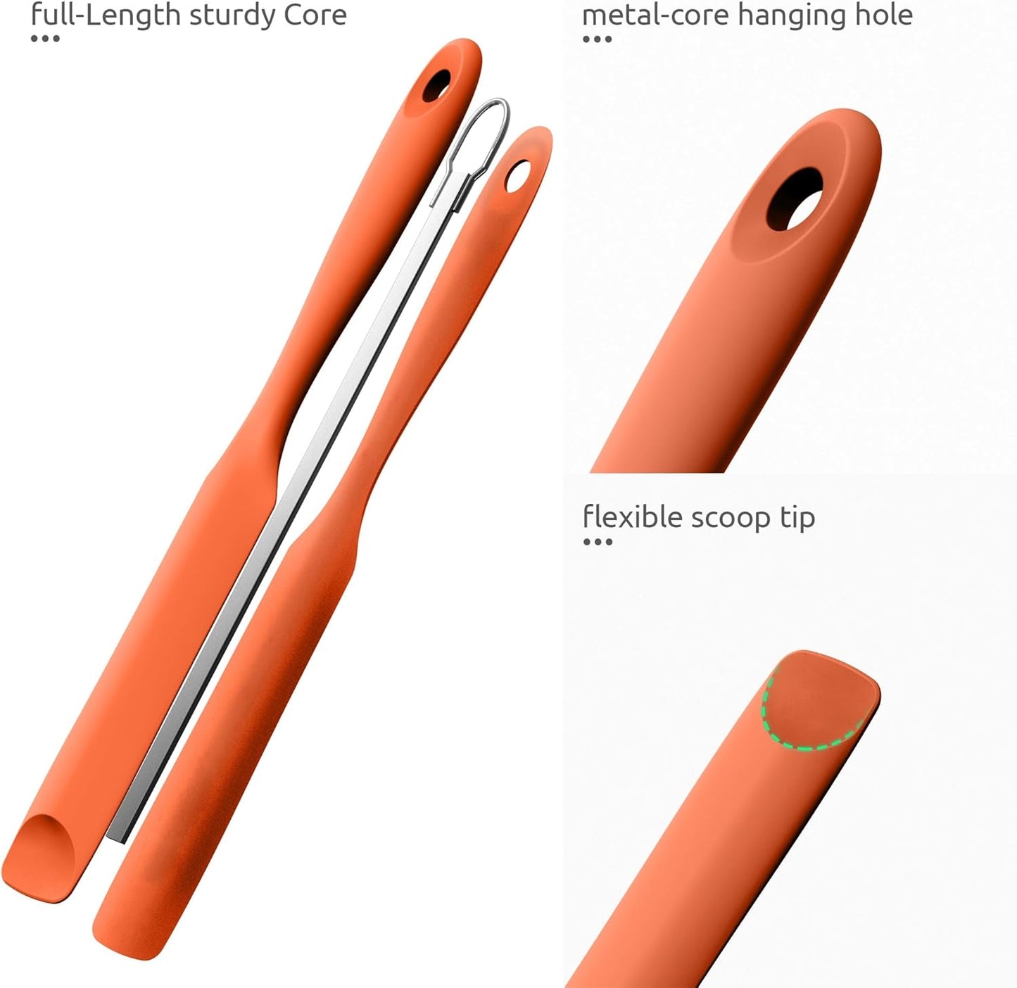 600ºF Heat-Resistant Food-Grade 10in Skinny Silicone Jar Spatula with Spoon Tip (Orange) and 10in Kitchen Cooking Tweezer: 18/8 Stainless Steel Food-Grade Metal Food Tong (Round Tip)