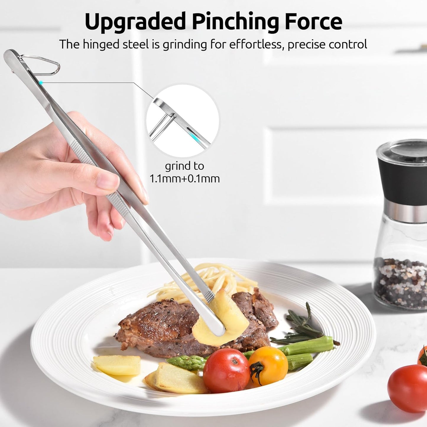 600ºF Heat-Resistant Food-Grade 10in Skinny Silicone Jar Spatula with Spoon Tip (Aqua Sky) and 10in Kitchen Cooking Tweezer: 18/8 Stainless Steel Food-Grade Metal Food Tong (Round Tip)