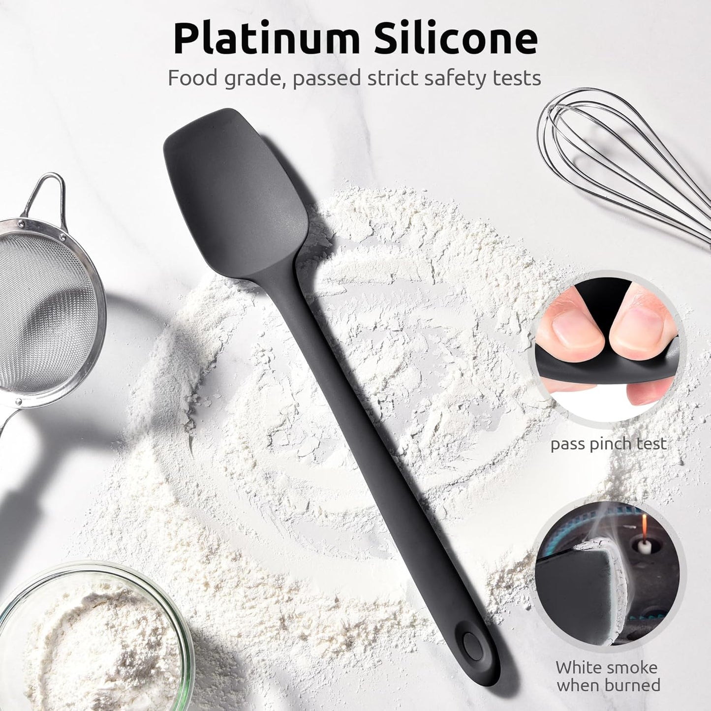 600ºF High Heat Flexible 14in Extra Large Silicone Spoon Spatula (Black) and 12" Kitchen Cooking Tweezer Set: 18/8 Stainless Steel Food-Grade Metal Food Tong (Round & Pointed Tip)