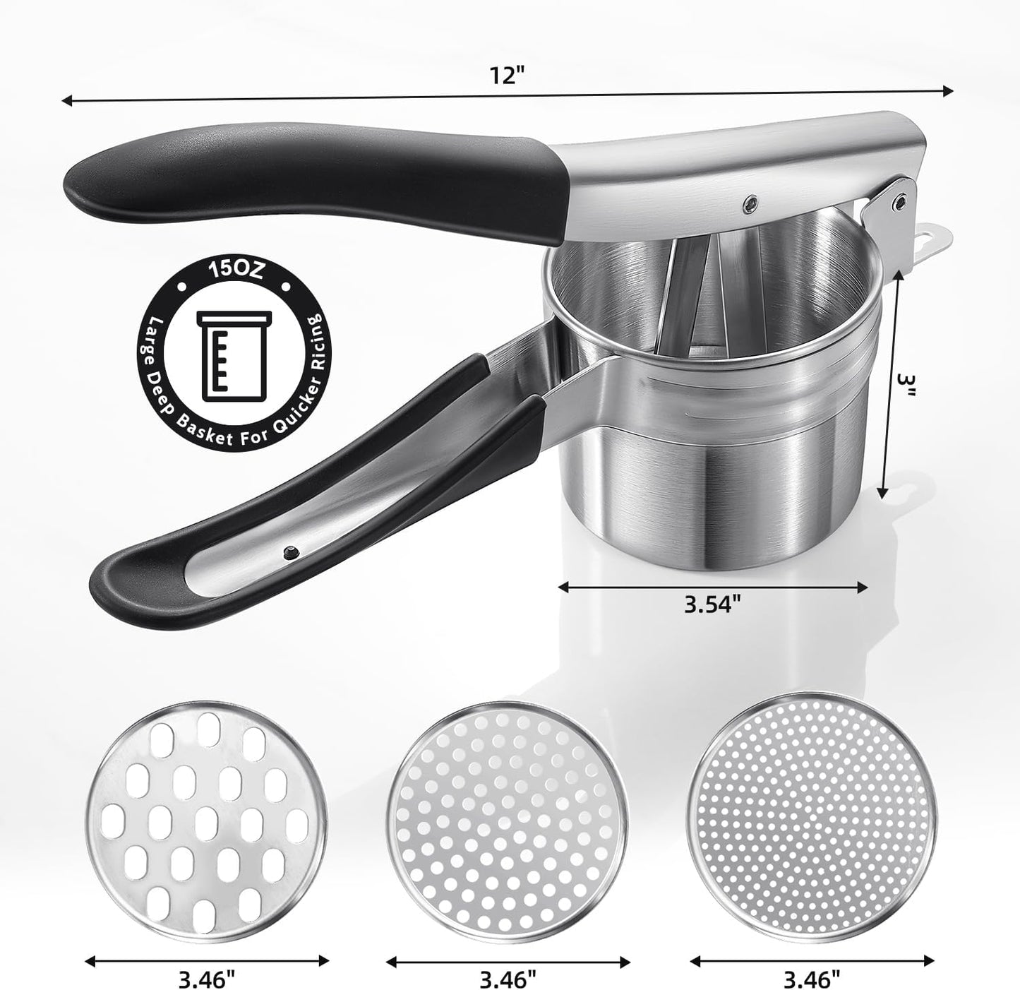 Potato Ricer,  Upgraded Stainless Steel Potato Masher with 3 Interchangeable Discs, Heavy Duty Kitchen Tool Gadget