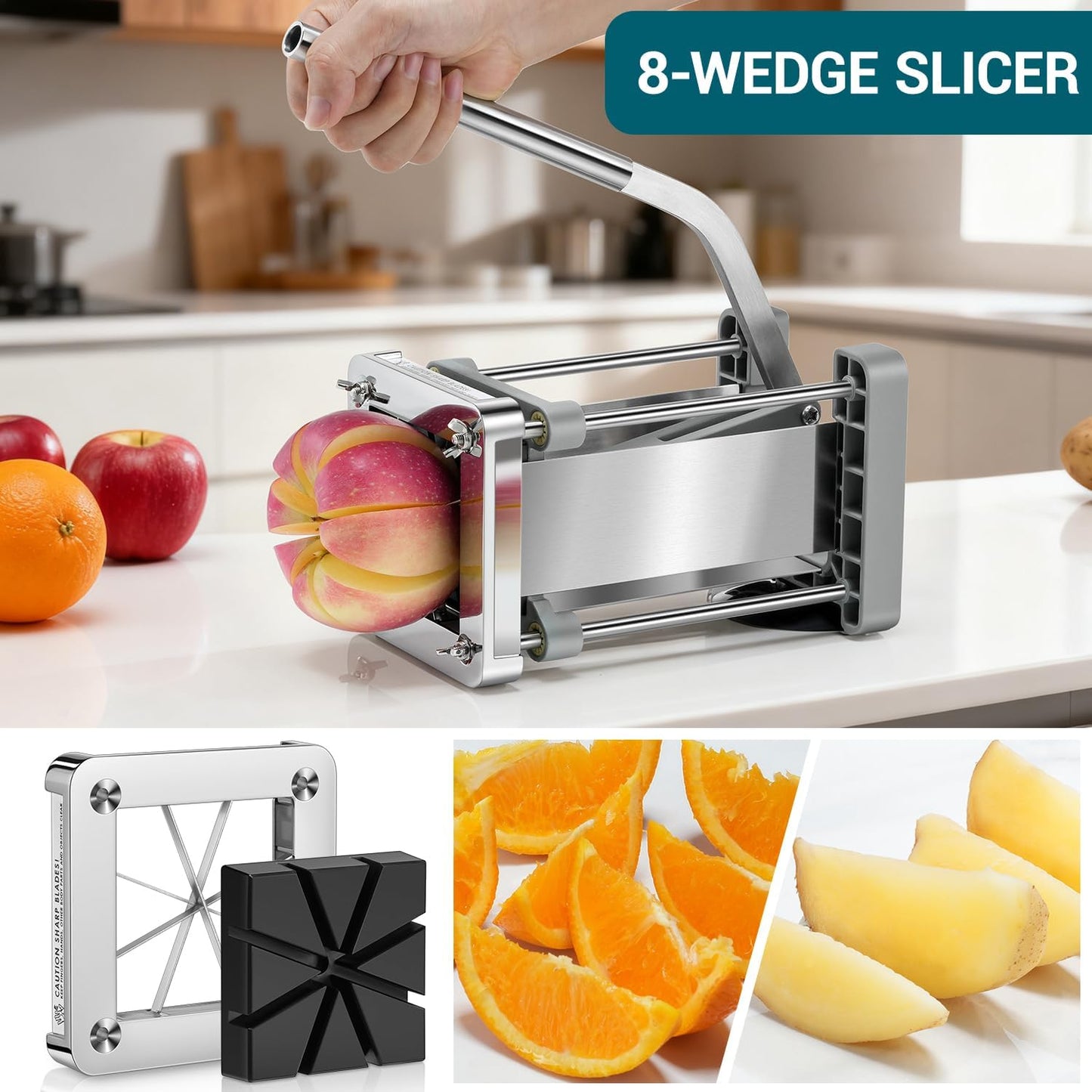 French Fry Cutter,  Professional Stainless Steel Potato Cutter with 1/2", 1/4", 3/8" & Wedge Blades for Potatoes, Carrots, Apples