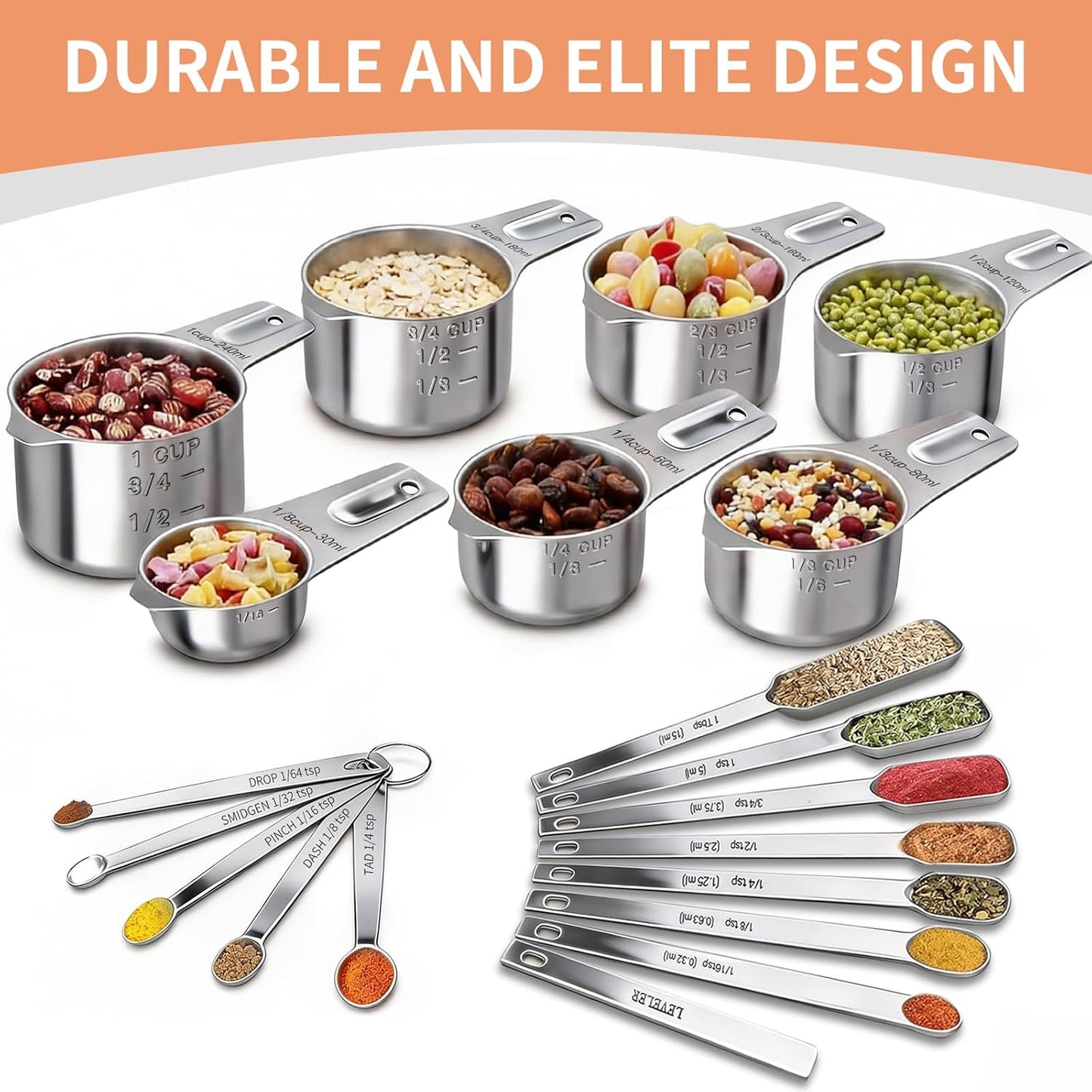 Measuring Cups and Spoons Set, 7 Stainless Steel Nesting Measuring Cups & 7 Spoons, 5 Mini Measuring Spoons &1 Leveler, Kitchen Gadgets for Cooking & Baking, Square