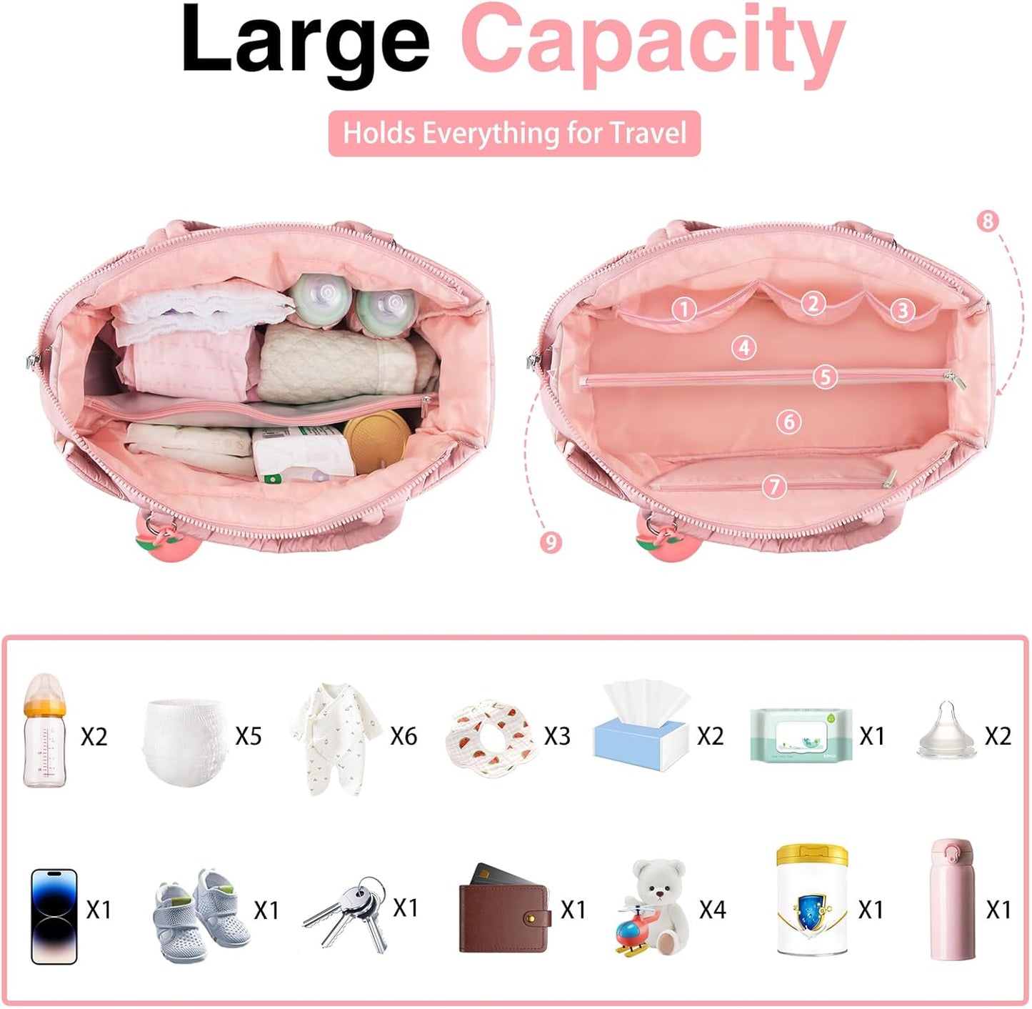 Diaper Bag Tote, Baby Diaper Tote Bags Crossbody Hospital Bag Travel Large Mommy Bag, with Silicone Pacifier Case