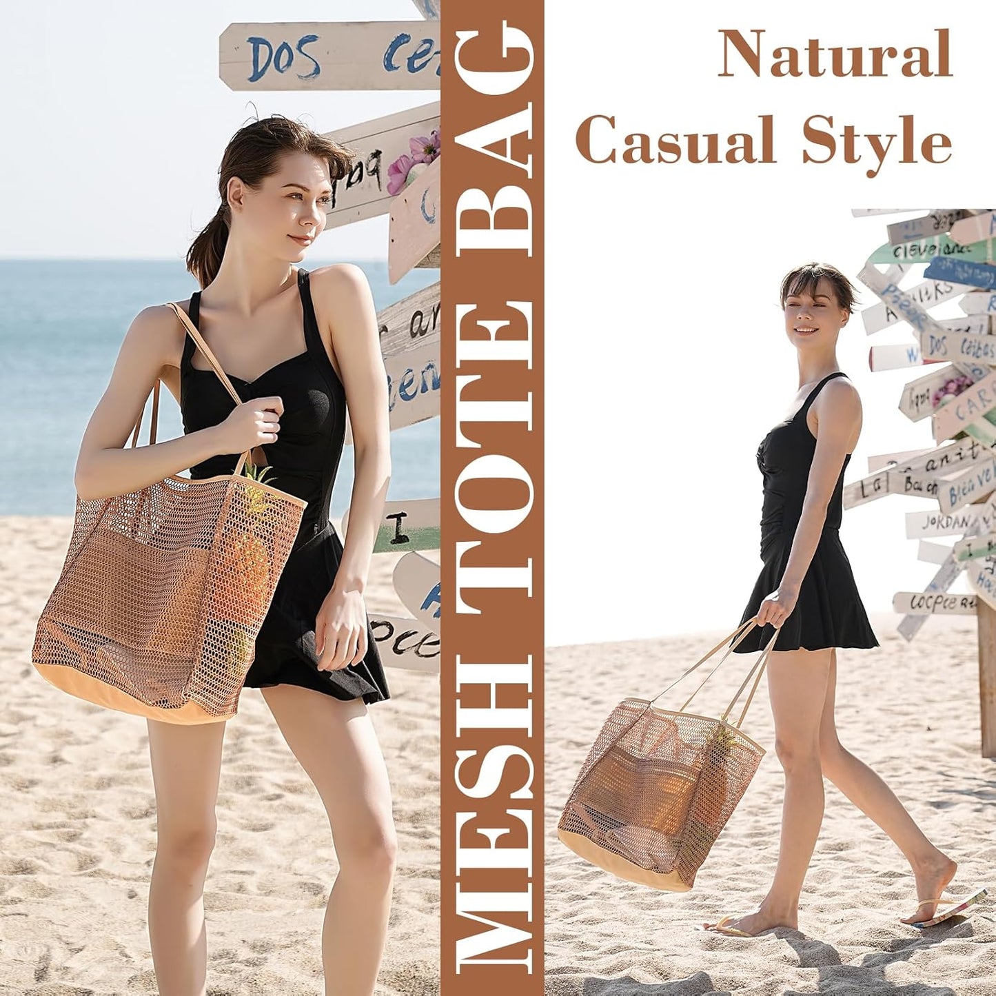 Mesh Beach Bag, Beach Bags for Women, Woven Straw Beach Tote Bag Waterproof with Inner Pocket, Packable Beach Bag