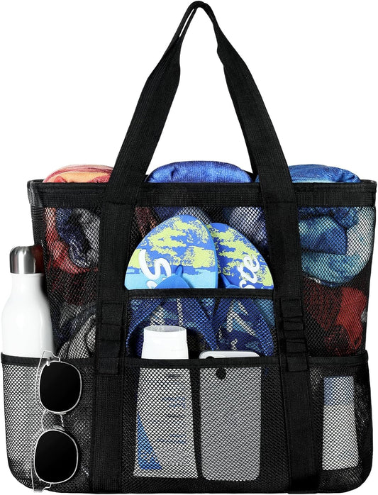 Mesh Beach Bag - Large Beach Tote with Multi Functional Pockets for Family Travel/Vacation