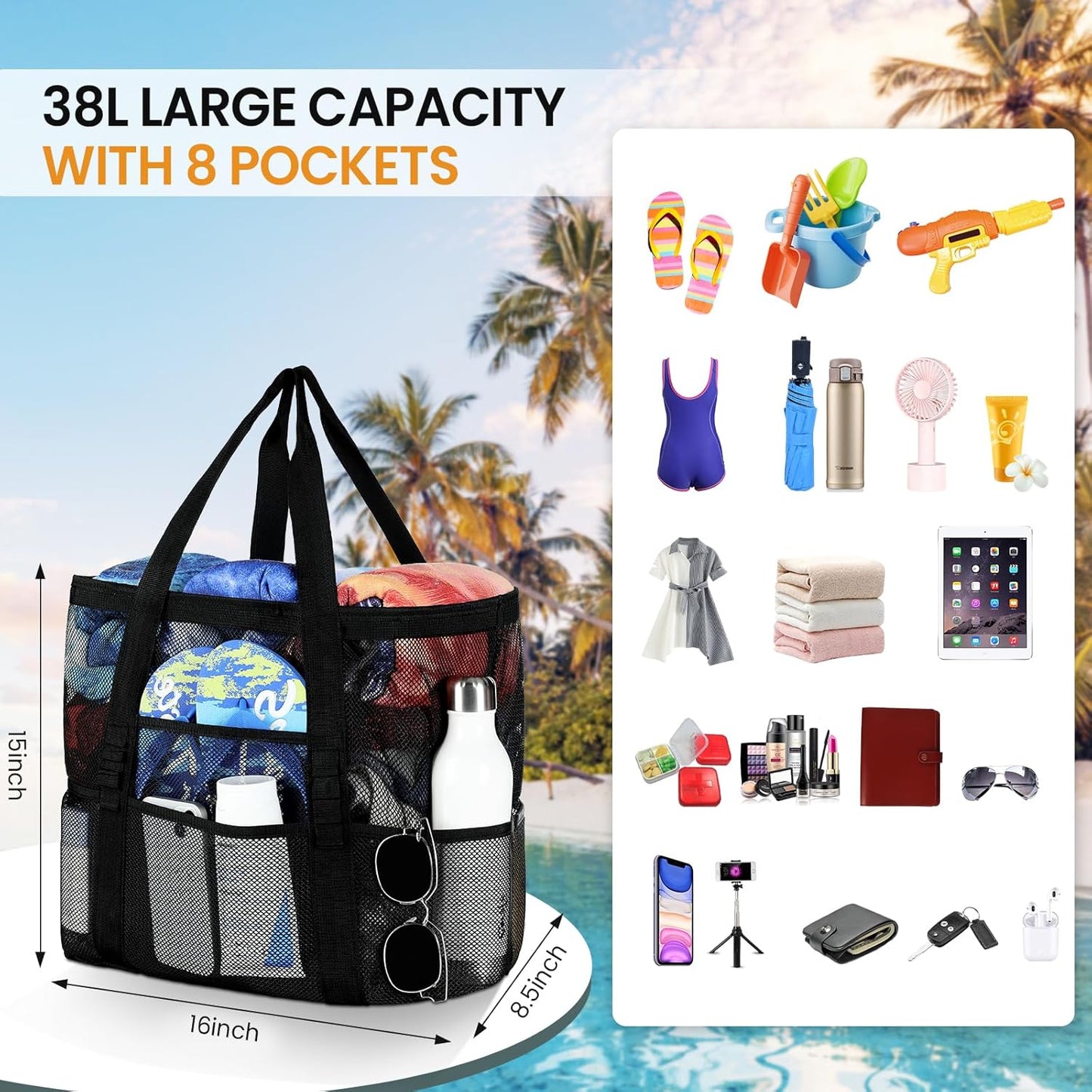 Mesh Beach Bag - Large Beach Tote with Multi Functional Pockets for Family Travel/Vacation