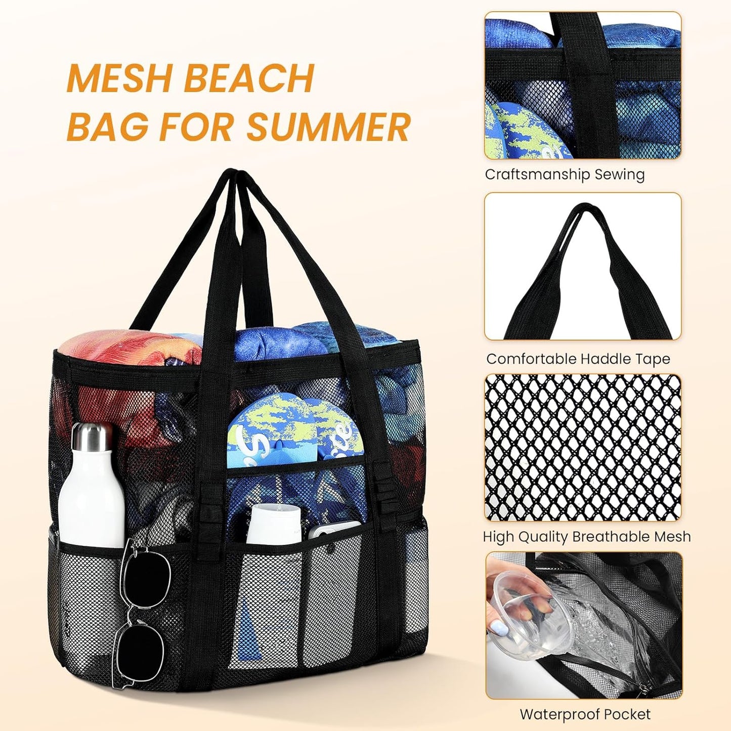 Mesh Beach Bag - Large Beach Tote with Multi Functional Pockets for Family Travel/Vacation