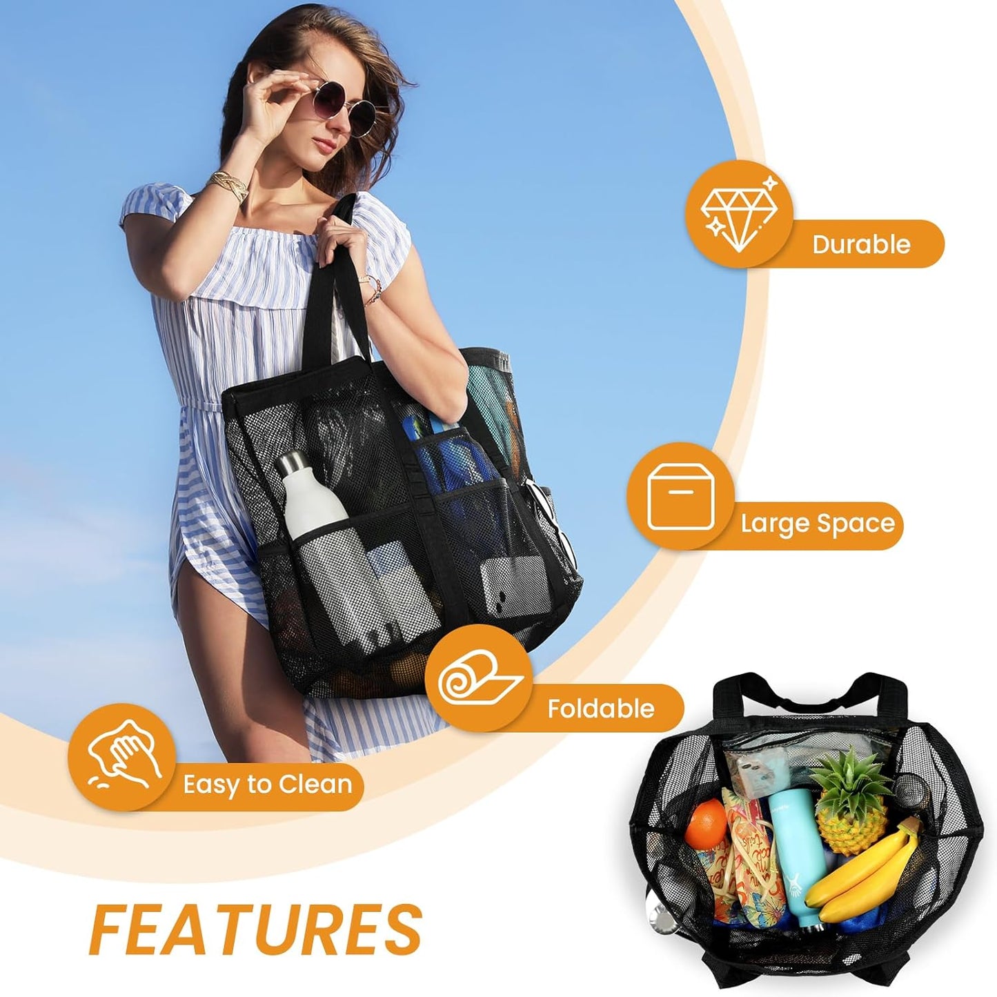 Mesh Beach Bag - Large Beach Tote with Multi Functional Pockets for Family Travel/Vacation