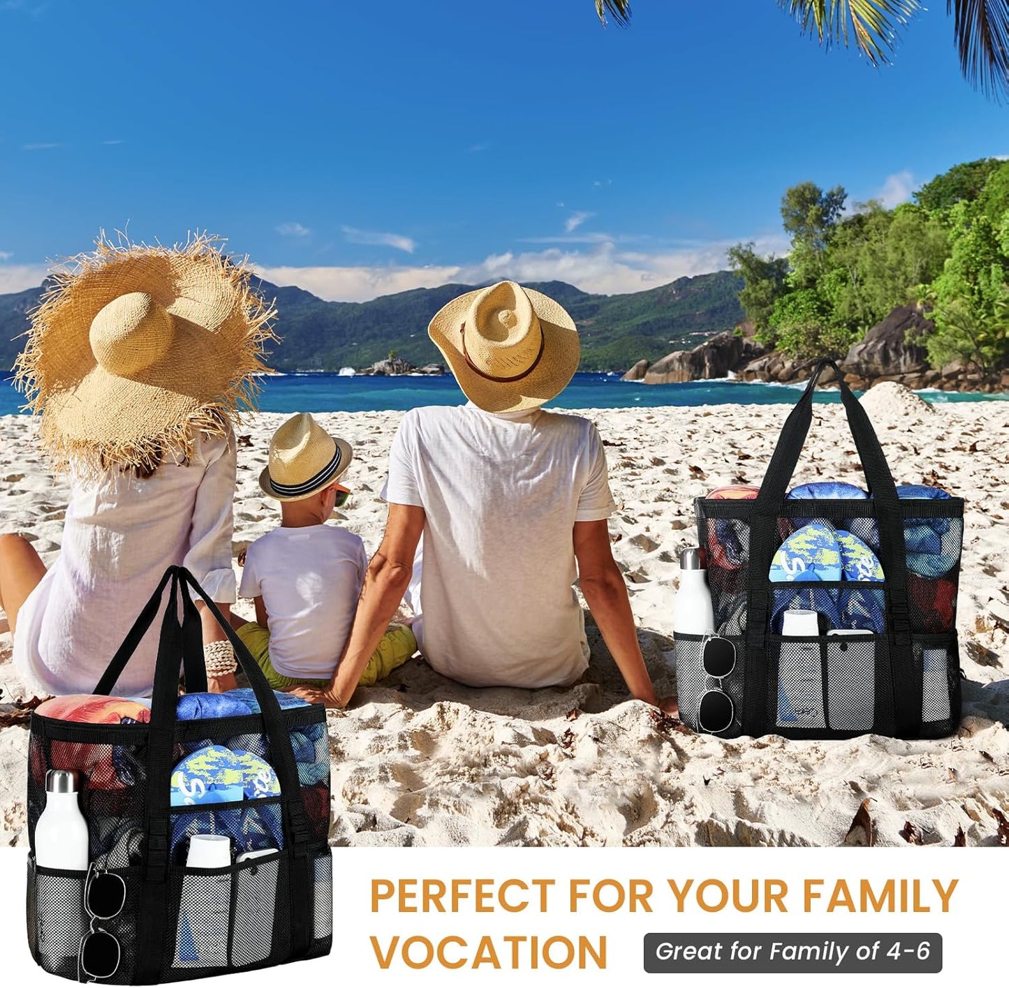 Mesh Beach Bag - Large Beach Tote with Multi Functional Pockets for Family Travel/Vacation
