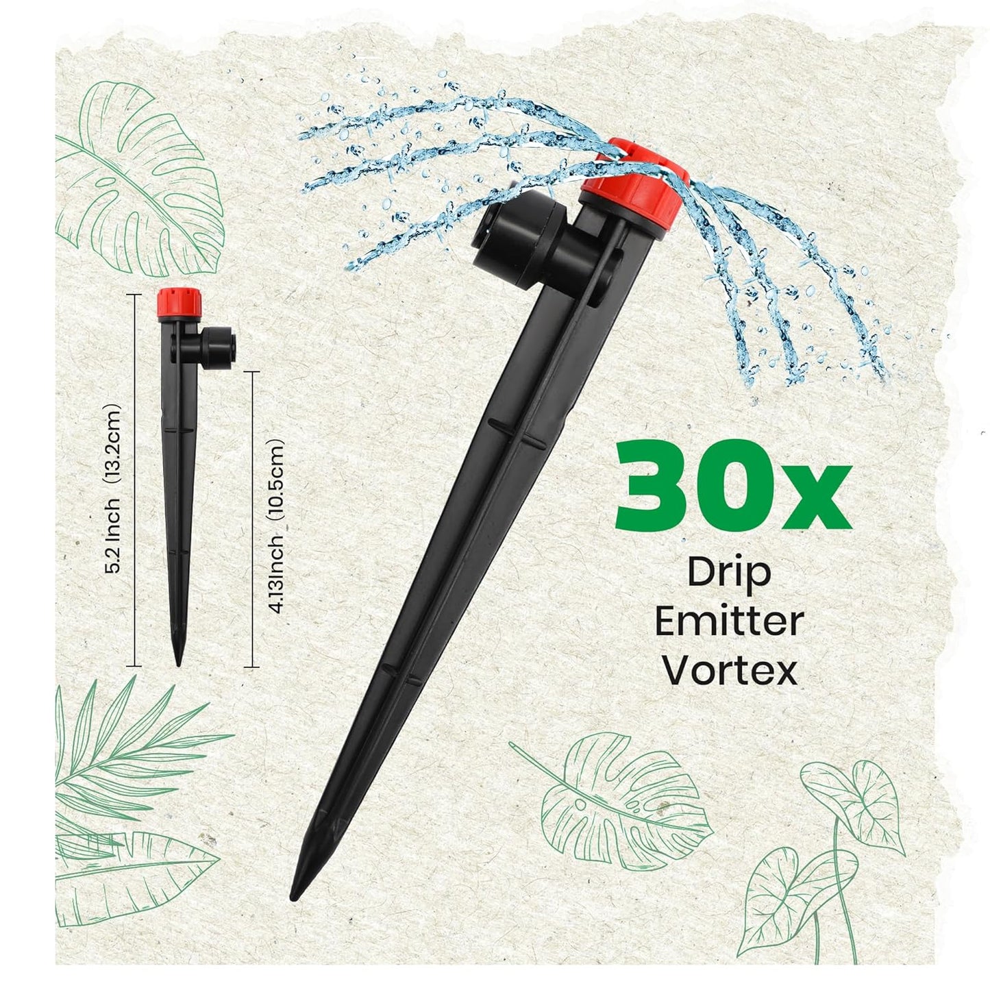 30pcs Quick-Connect Drip Irrigation Emitters for 1/4" Drip Irrigation Tubing - Adjustable Push-to-Connect 360° Drip Emitters Stream on 6" Sturdy Stake for Irrigation System