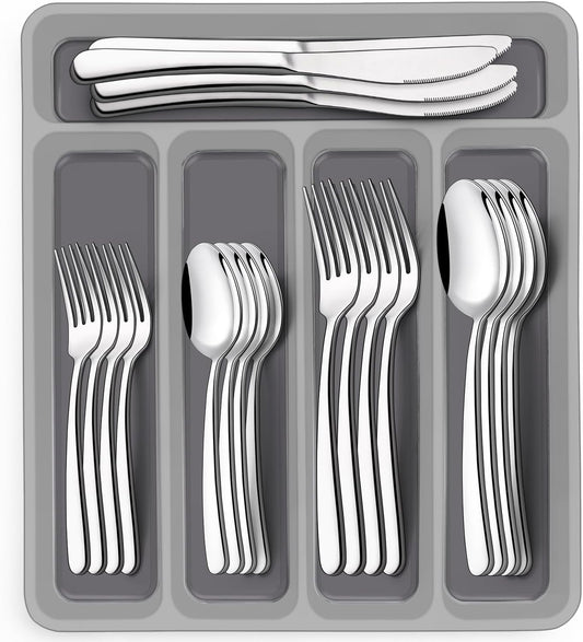 40-Piece Silverware Set with Organizer,  Heavy Duty Stainless Steel Flatware Set for 8, Food-Grade Tableware Cutlery Set, Utensil Sets for Home Restaurant, Mirror Finish, Dishwasher Safe