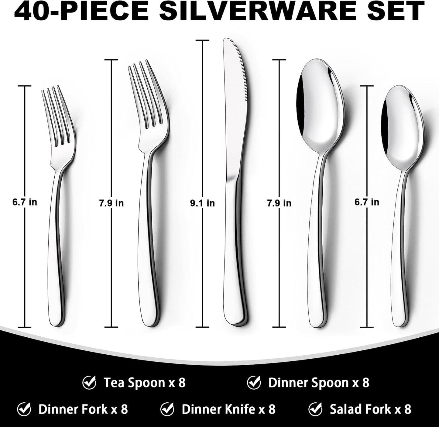 40-Piece Silverware Set with Organizer,  Heavy Duty Stainless Steel Flatware Set for 8, Food-Grade Tableware Cutlery Set, Utensil Sets for Home Restaurant, Mirror Finish, Dishwasher Safe