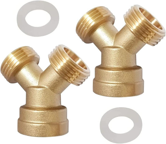 2PCS Brass 3/4" GHT Garden Hose Splitter Body Backyard 2 Way Y Shaped Connector Threaded Pipe Fitting Coupler Adapter with Washer