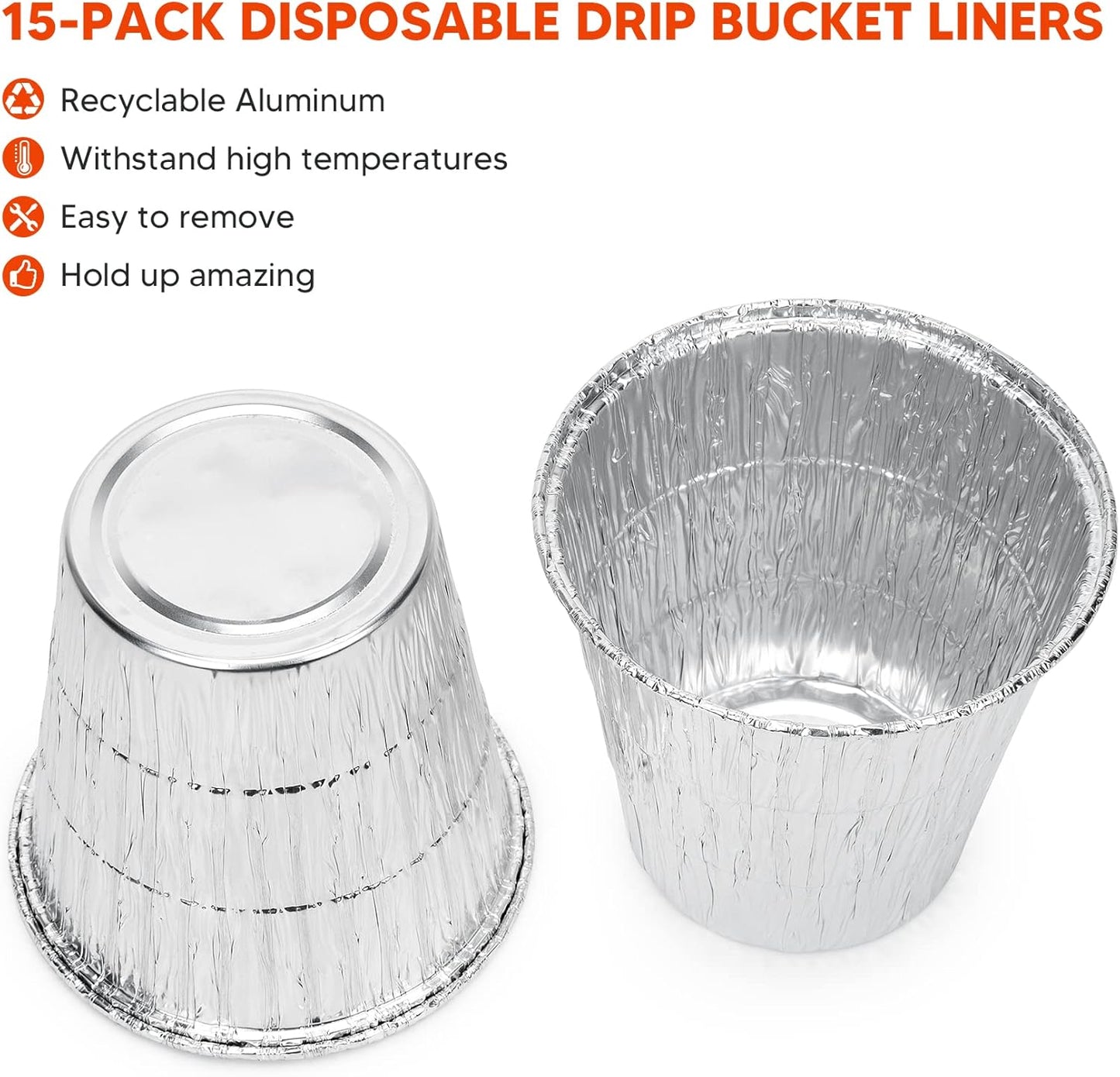 15 Pack Grease Bucket Liners for Traeger Grills, Disposable Aluminum Drip Tray Liner for Traeger Pro 575/780, 20/22/34/ Series, Ironwood 650/885, 4.9" x 4.5"