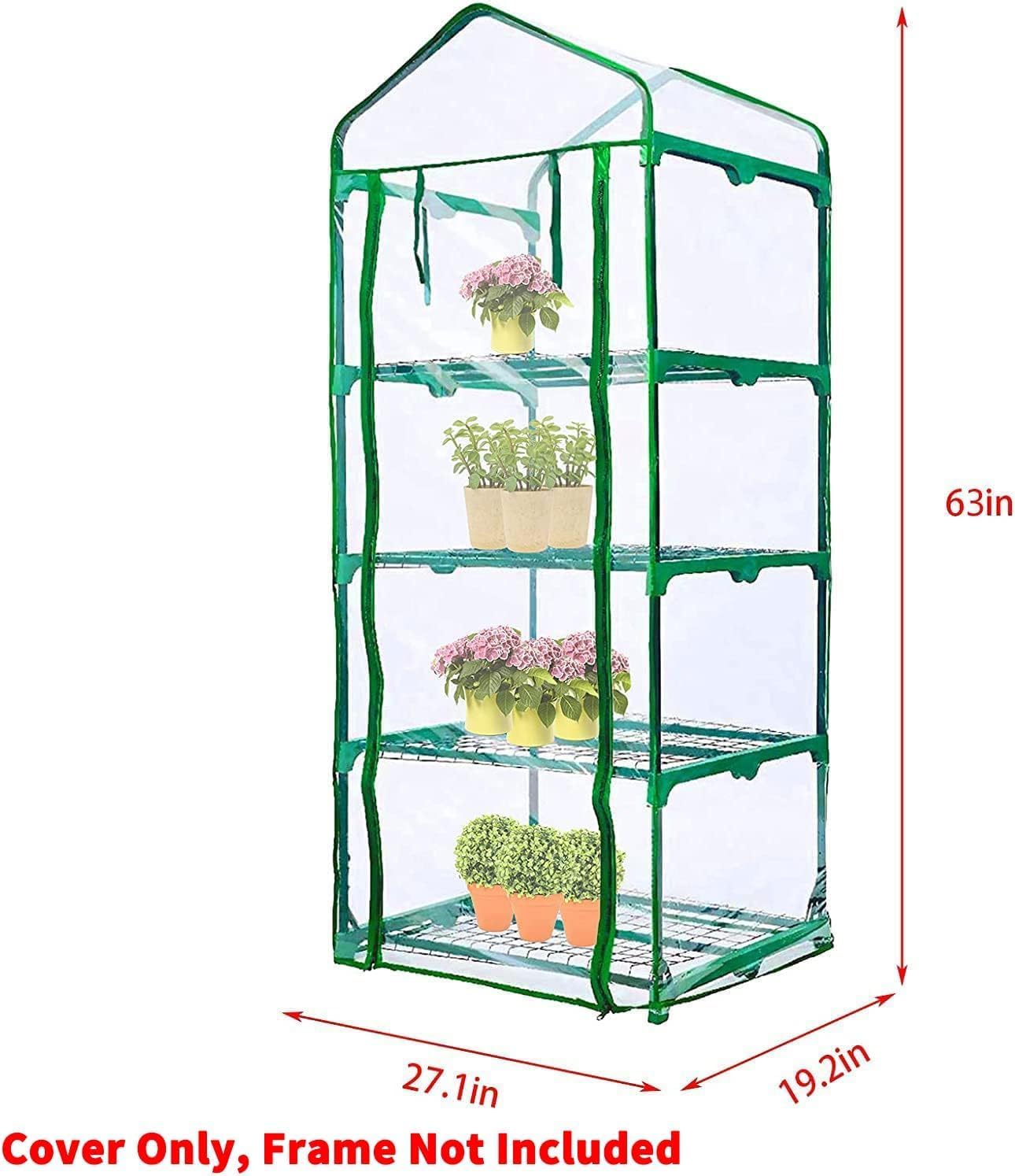 2 Pcs 4 Tier Greenhouse Replacement Cover- 27 x 19 x 63 Inch Clear PVC Plant Greenhouse Cover with Roll-Up Zipper Door for Gardening Plants Flowers (Frame Not Include)