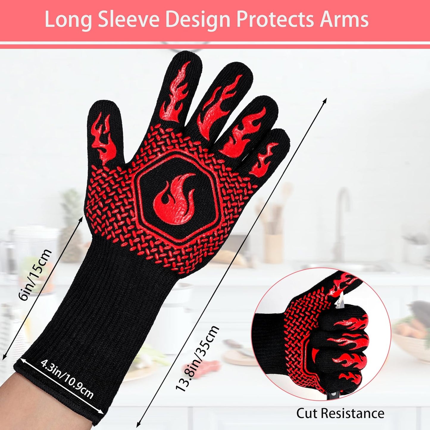 BBQ Fireproof Gloves, Grill Cut-Resistant Gloves 1472°F Heat Resistant Gloves, Non-Slip Silicone Oven Gloves, Kitchen Safe Cooking Gloves for Oven Mitts,Barbecue,Cooking, Frying, Red（2 Pairs）