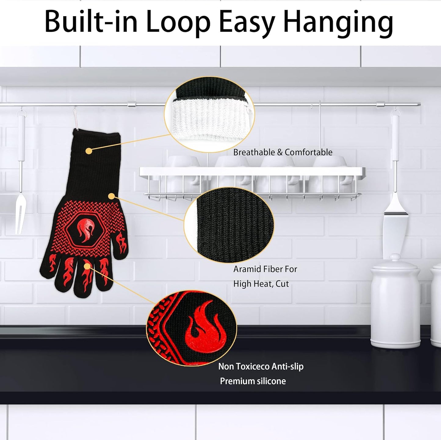 BBQ Fireproof Gloves, Grill Cut-Resistant Gloves 1472°F Heat Resistant Gloves, Non-Slip Silicone Oven Gloves, Kitchen Safe Cooking Gloves for Oven Mitts,Barbecue,Cooking, Frying, Red（2 Pairs）