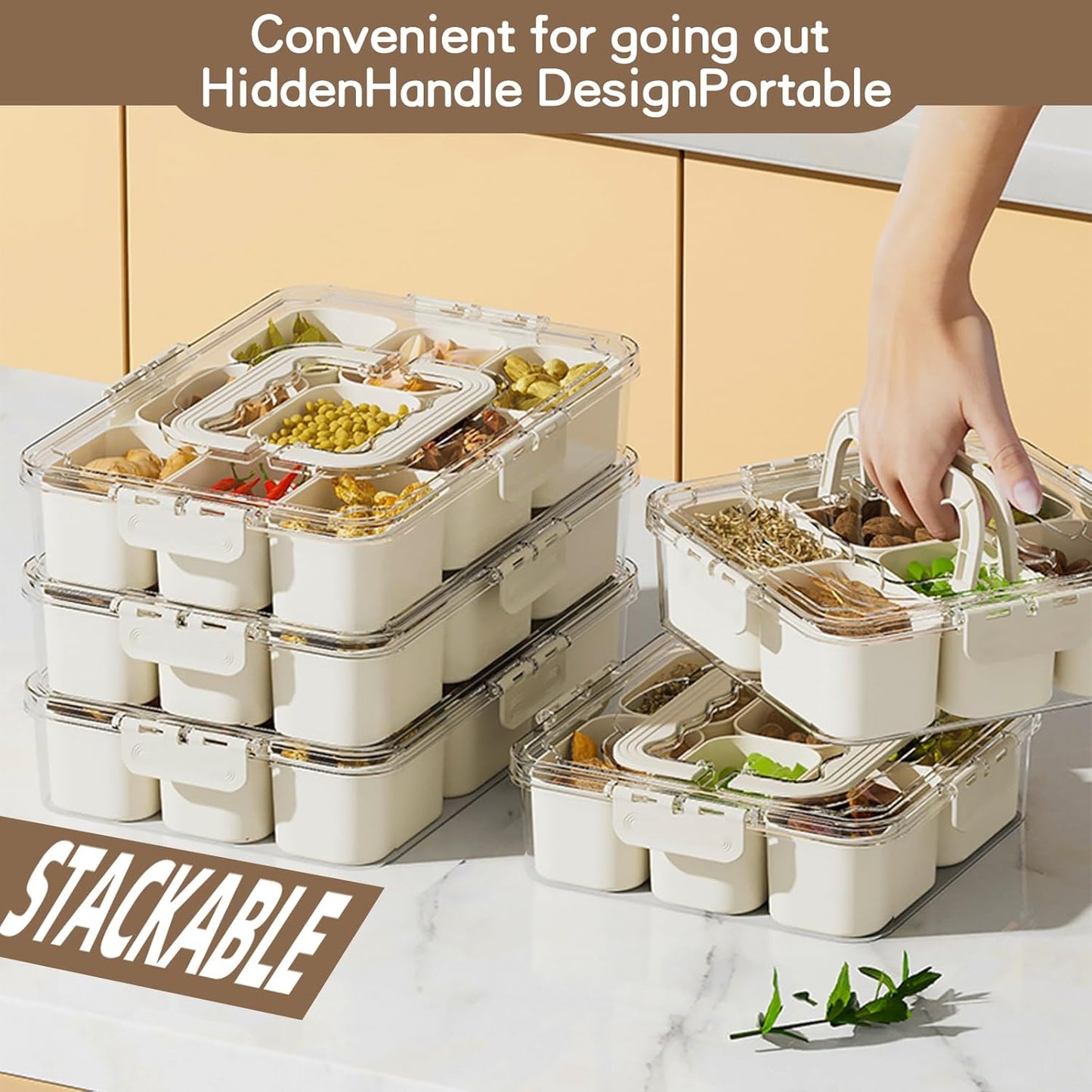Snackle Box Container, Portable 9 Compartments Divided Serving Tray with Lid and Handle, Clear Snack Box, Stackable Snack Platters Organizer for Fruits, Candies, Vegetables, Nuts-2 PACK