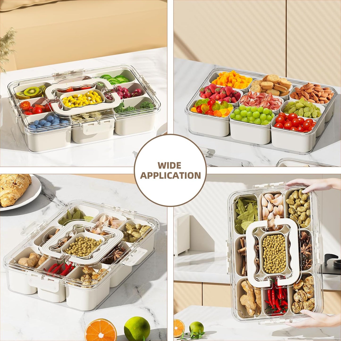 Snackle Box Container, Portable 9 Compartments Divided Serving Tray with Lid and Handle, Clear Snack Box, Stackable Snack Platters Organizer for Fruits, Candies, Vegetables, Nuts-2 PACK