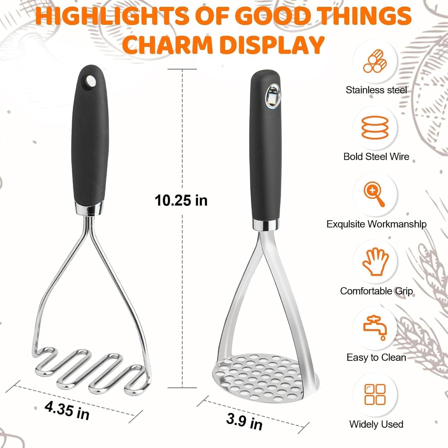 Potato Masher Set of 2 Pieces, 10.25-Inch Stainless Steel Wire Mashed Potato Masher, Kitchen Gourmet Making Tools Professional Integrated Honeycomb, For Vegetable, Fruit, Melon, Potato Etc, Black