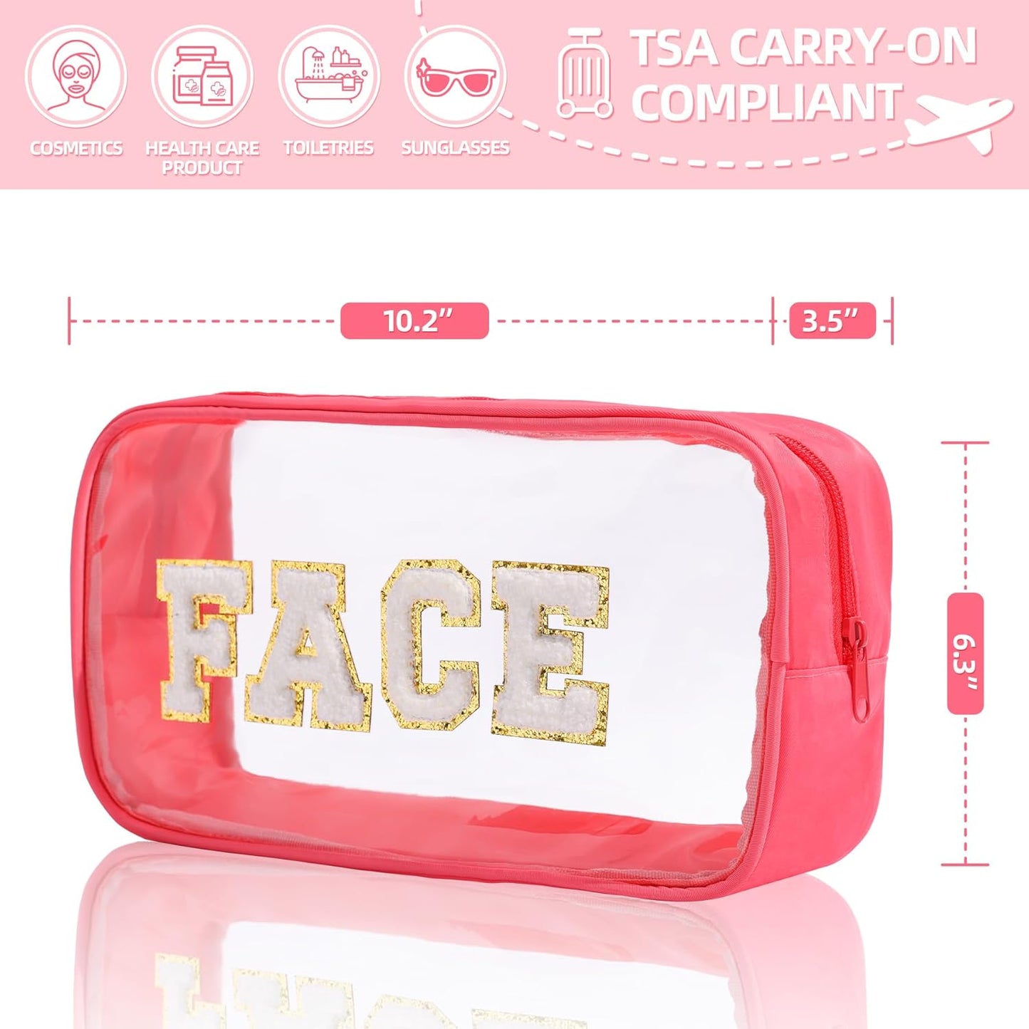 Clear Makeup Bags with Chenille Letters, 4 Pack Preppy Cosmetic Pouch Zipper, Personalized Initial beauty case, Travel Toiletry vanity organizer for Women Girl (Hair, Face, Skin, Stuff)